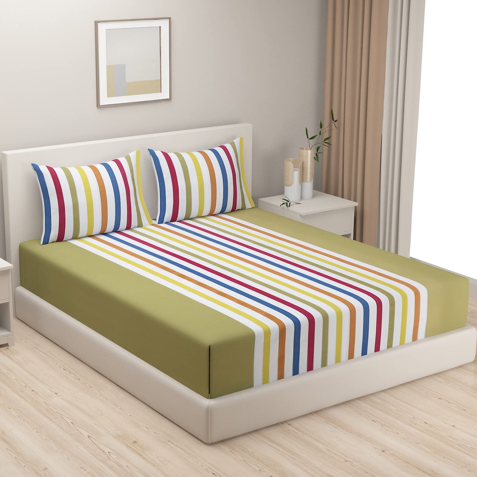 Swayam 100% Cotton Double Bedsheet with 2 Pillow Covers | 240 TC Soft Breathable Bed Sheet | Striped Printed | Size 90 x 108 inc