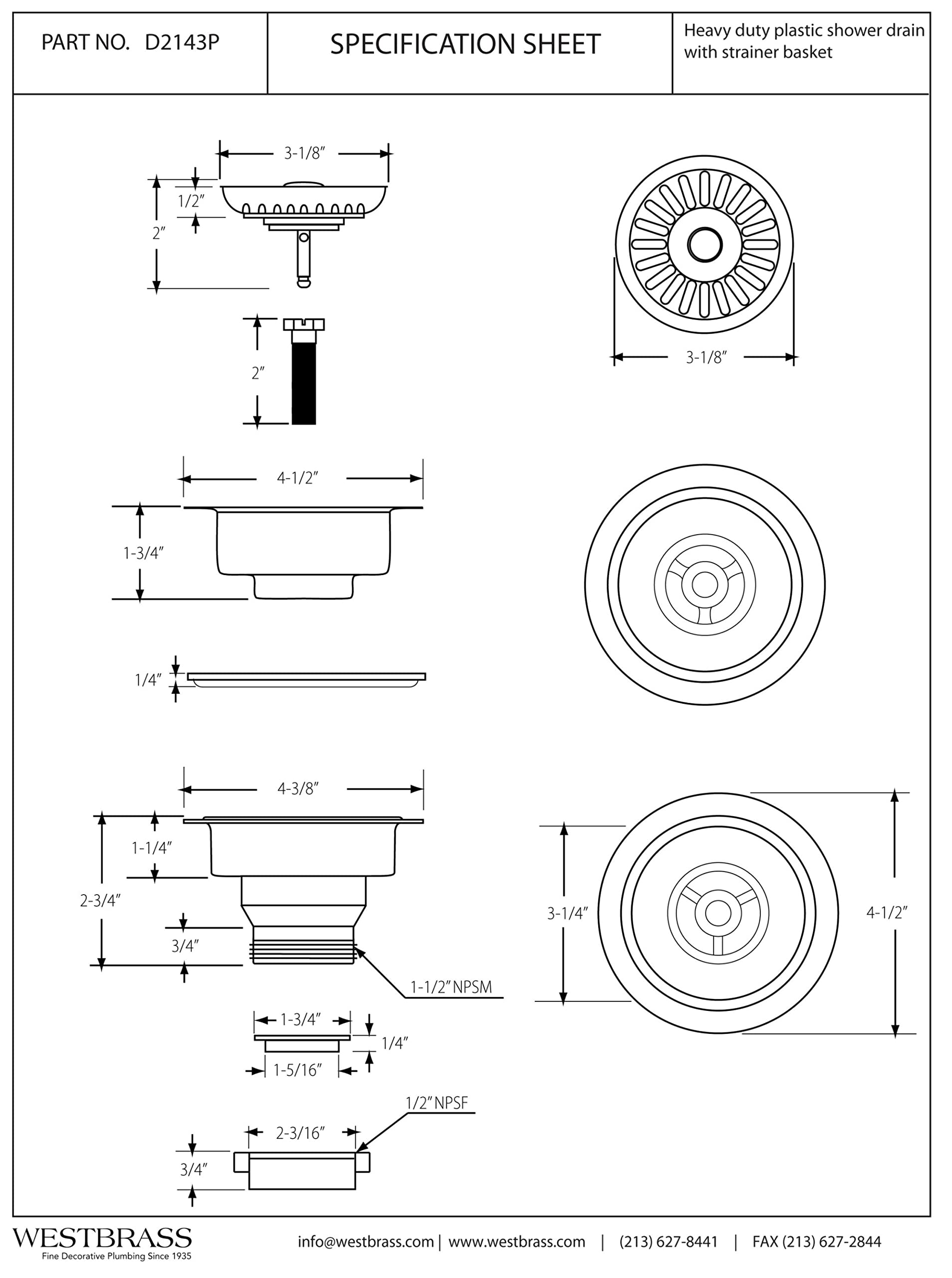Westbrass D2143P-65 Kitchen Sink Basket Strainer, 4-3/8", Push-Pull, Powder Coat Biscuit, 1-Pack, Polypropylene
