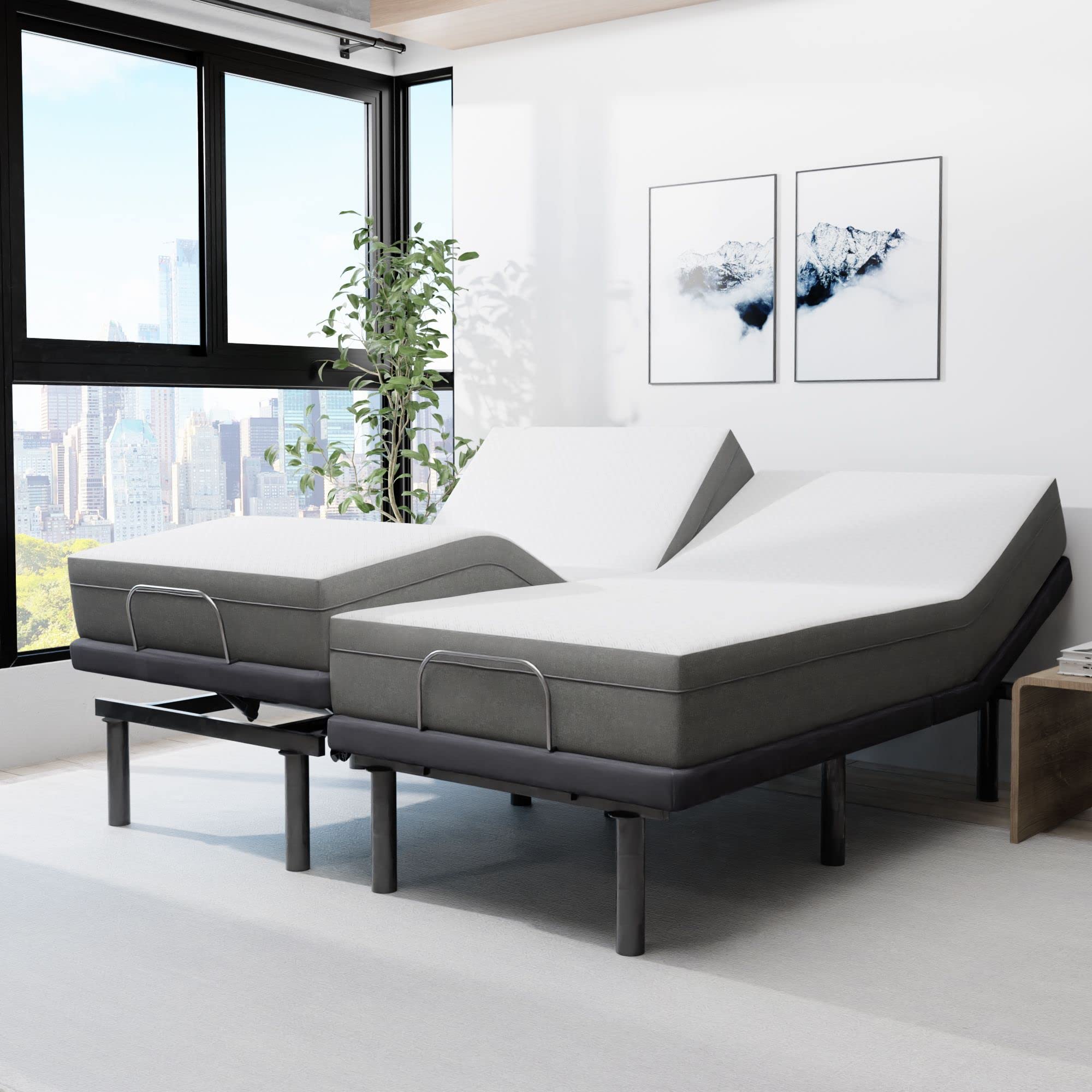 Blissful Nights E4 Split King Adjustable Bed Base Frame With 10'' Medium Firm Gel Infused Memory Foam Mattress