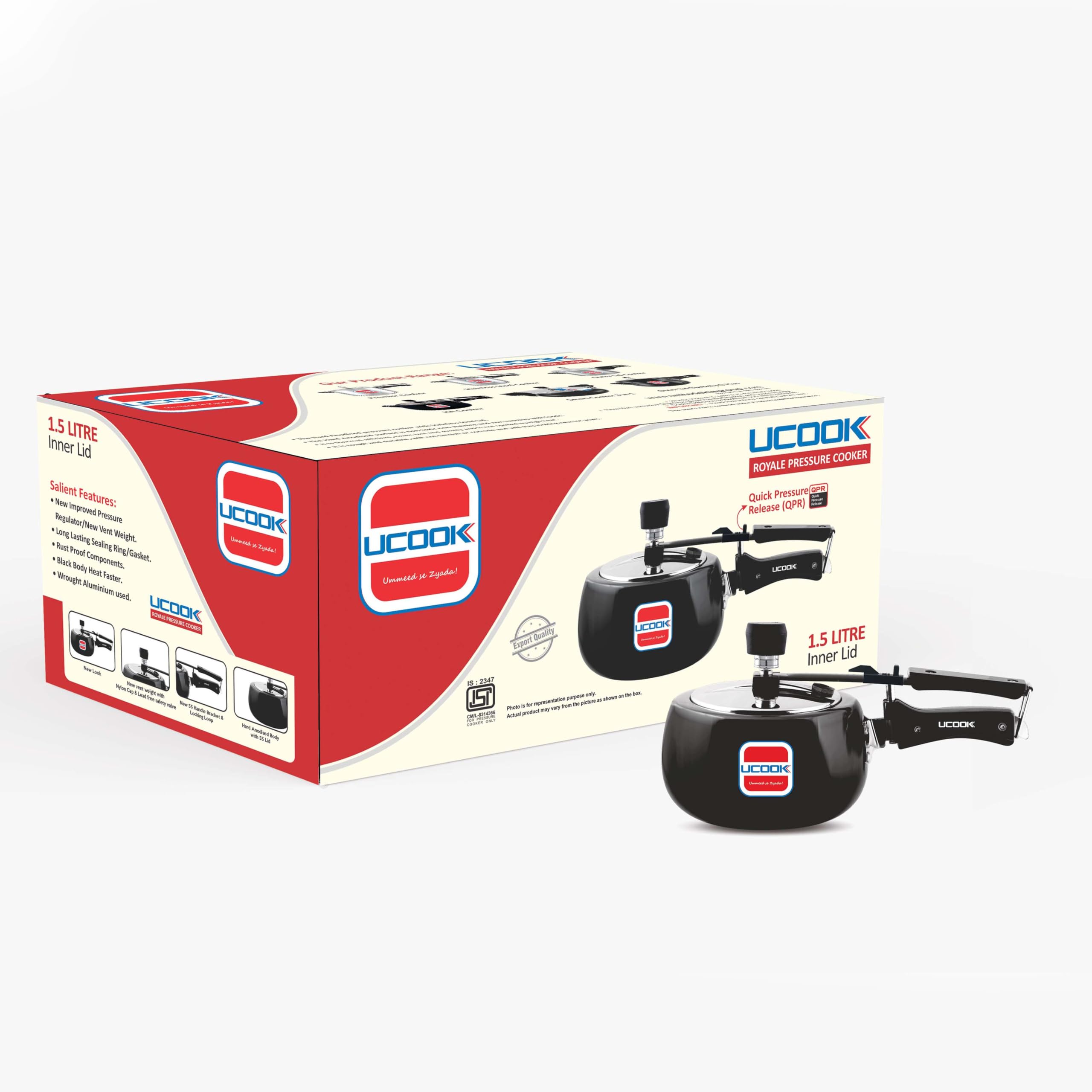 Ucook By United Ekta Engg. Royale Duo 1.5 Litre Hard Anodised Non-Induction Inner Lid Pressure Cooker, Black