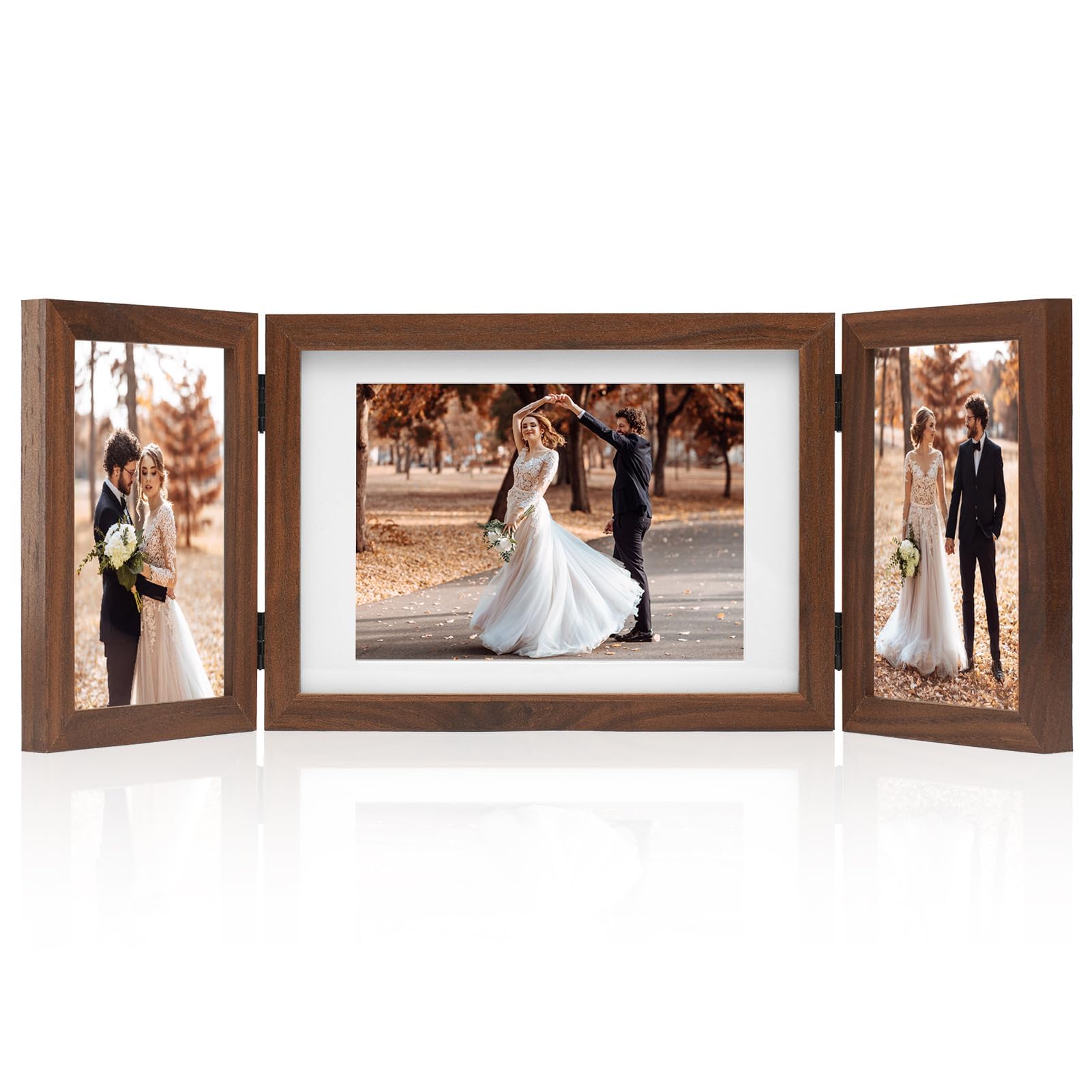 DECOCIAGA Hinged 3 Picture Frame 4x6 & 5x7 Folding Collage Photo Frames Multiple Wooden Desk Picture Frames with Mat for Office 