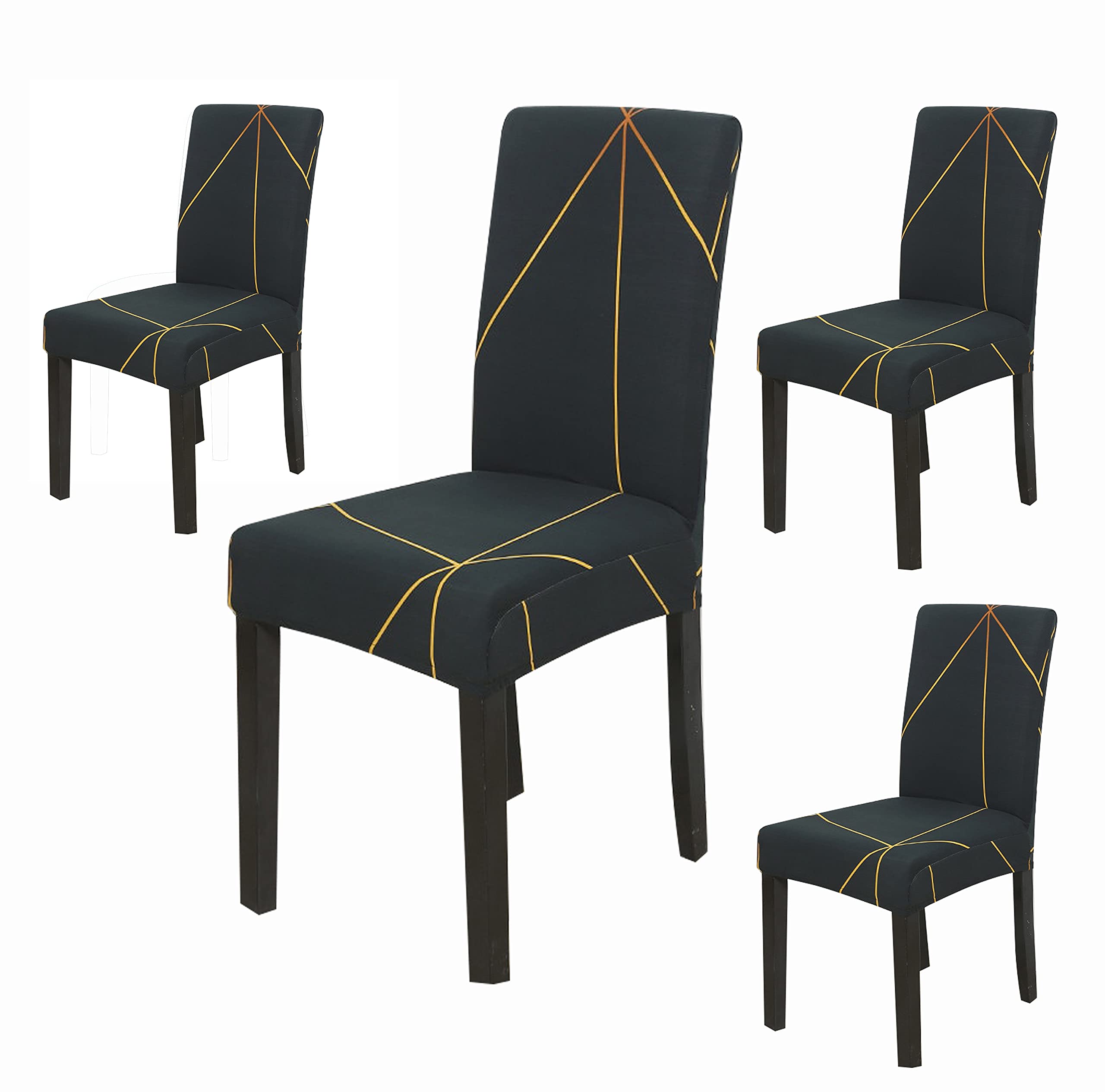 House Of Quirk Polyester Geometric Elastic Stretch Removable Washable Short Dining Chair Protector Seat Slipcover (4, Green, Gol