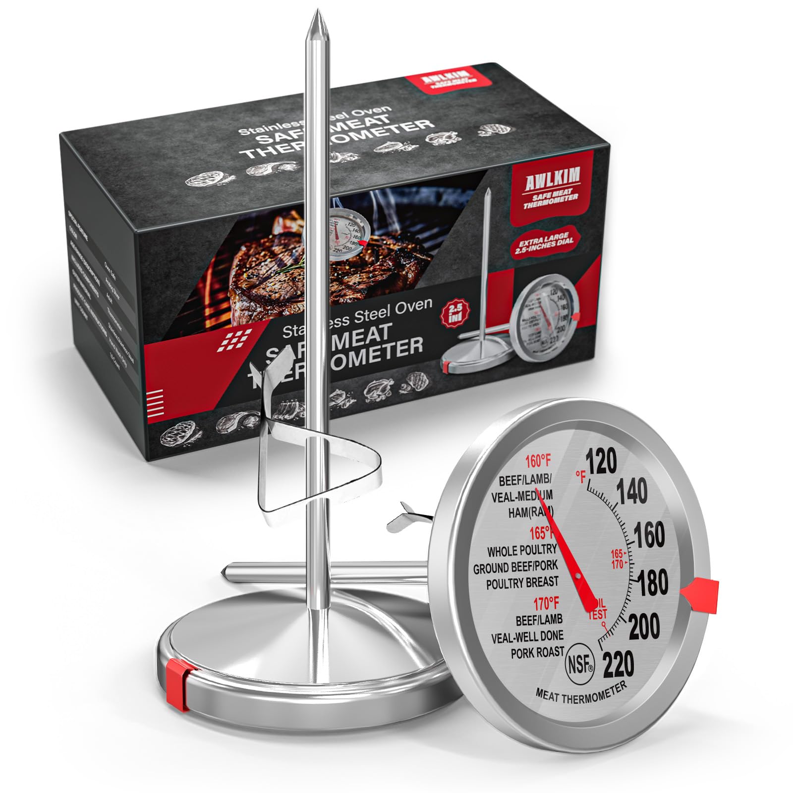 AWLKIM 2 Pack Stainless Steel Meat Thermometer, Safe Leave in Oven, 2.5-in Extra-Large Dial Food Thermometer for Cooking, Temper