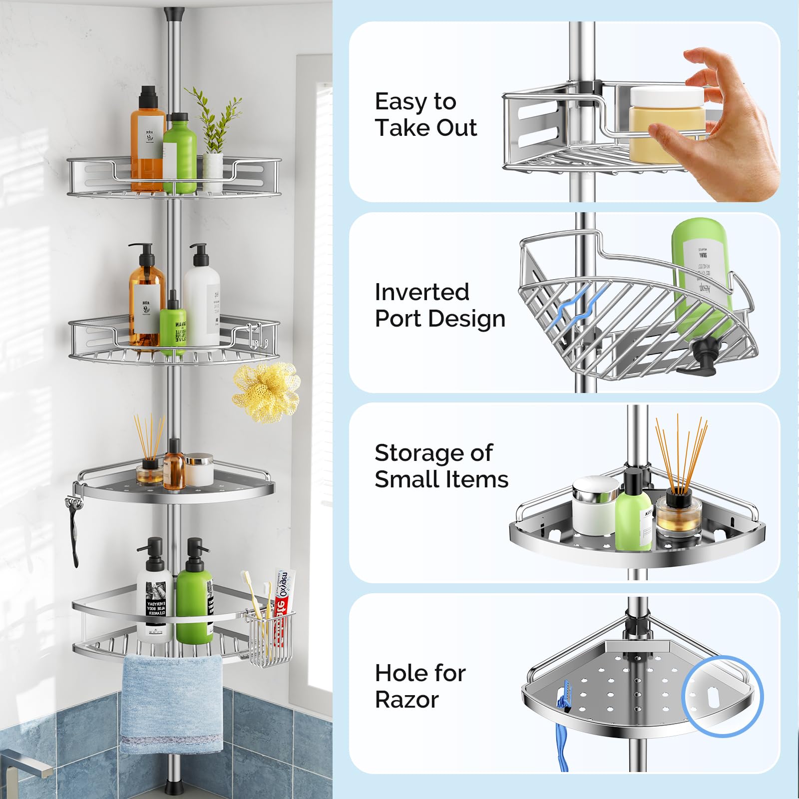Hamitor Corner Shower Caddy Tension Pole: Quick Installation 4-Tier Rustproof Bathroom Organizer Shelves For Bathtub Shampoo Sto