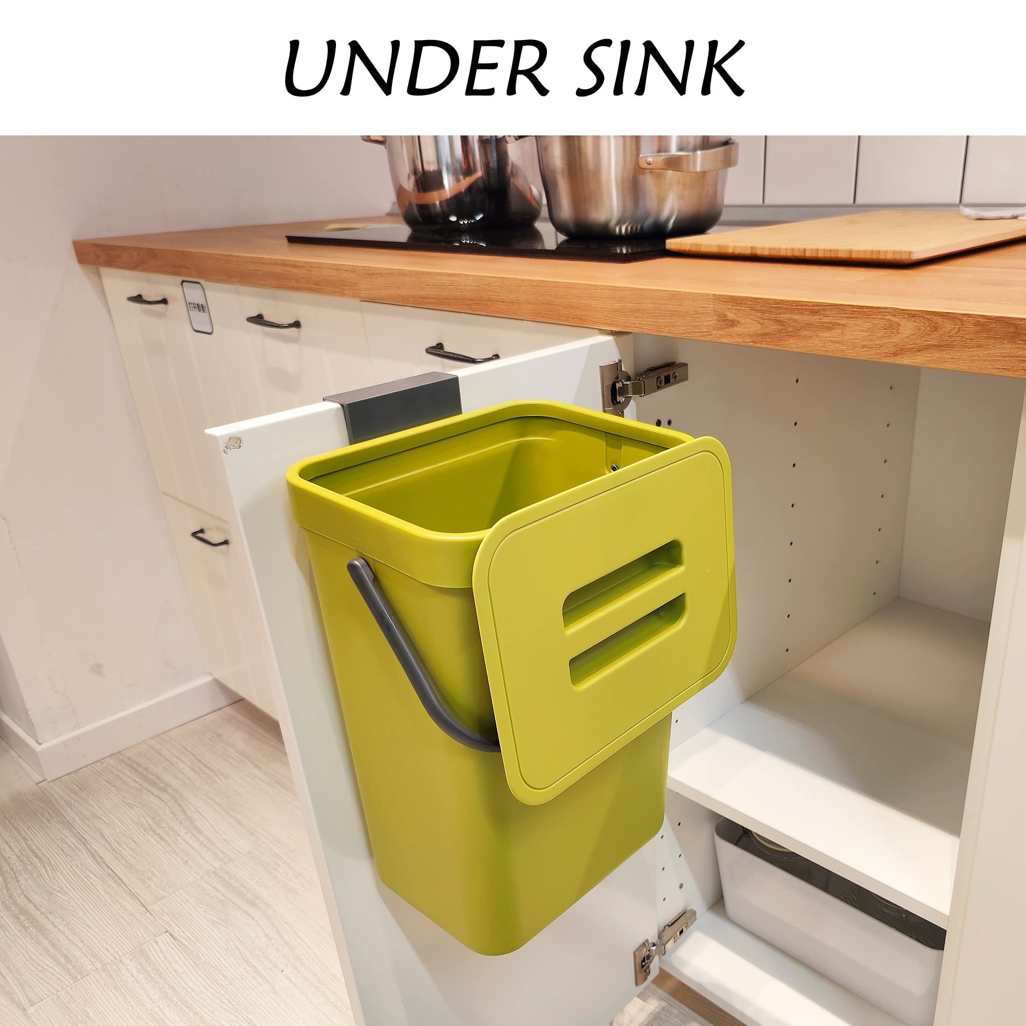 StoneSpace Small Trash Can with Lid Mountable Indoor Compost Bucket  Hanging Trash Can with Lid for Cupboard/Bathroom/Bedroom/Office/Camping  3.2 Gallon/12L Green