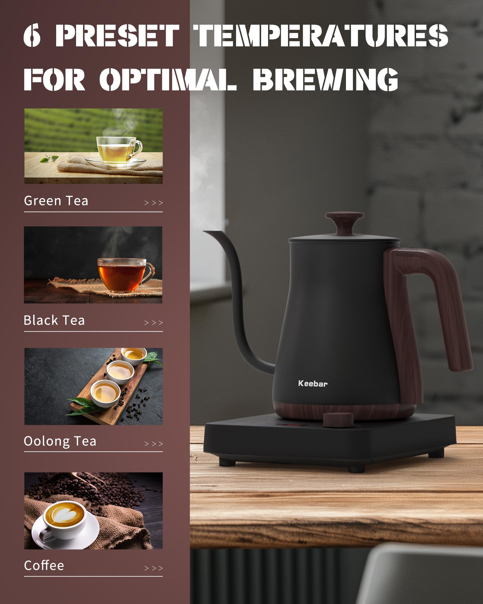 Electric Kettle, Electric Gooseneck Kettle With 6 Temperature Control Presets And Led Display, 0.8L/27.05Oz, 0.8Mm Ultra-Fine Sp