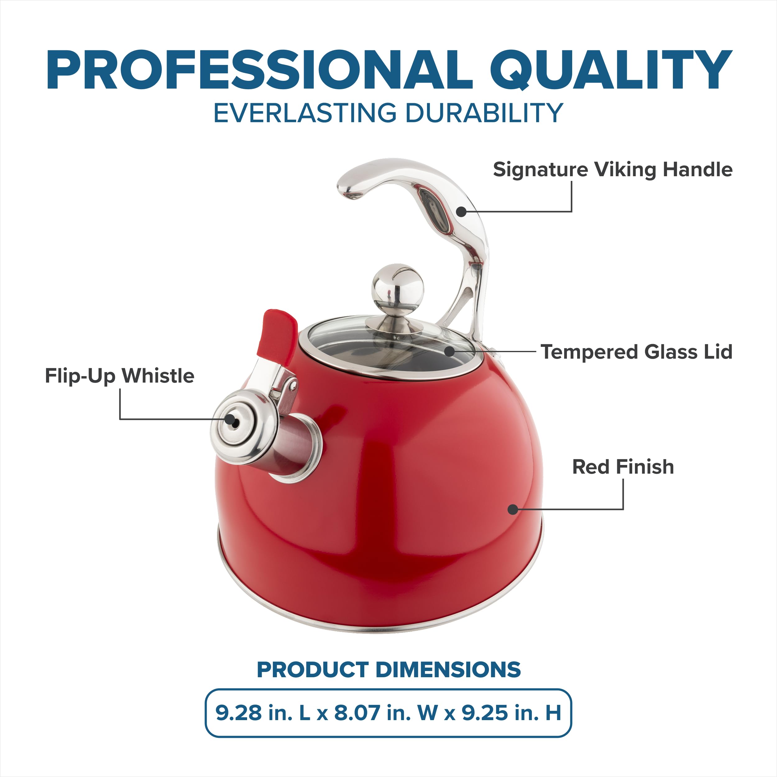 Viking Culinary 3-Ply Stainless Steel Whistling Tea Kettle  2.6 Quart  Includes Tempered Glass Lid  Ergonomic Stay-Cool Handle  Works on All Cooktops including Induction  Red