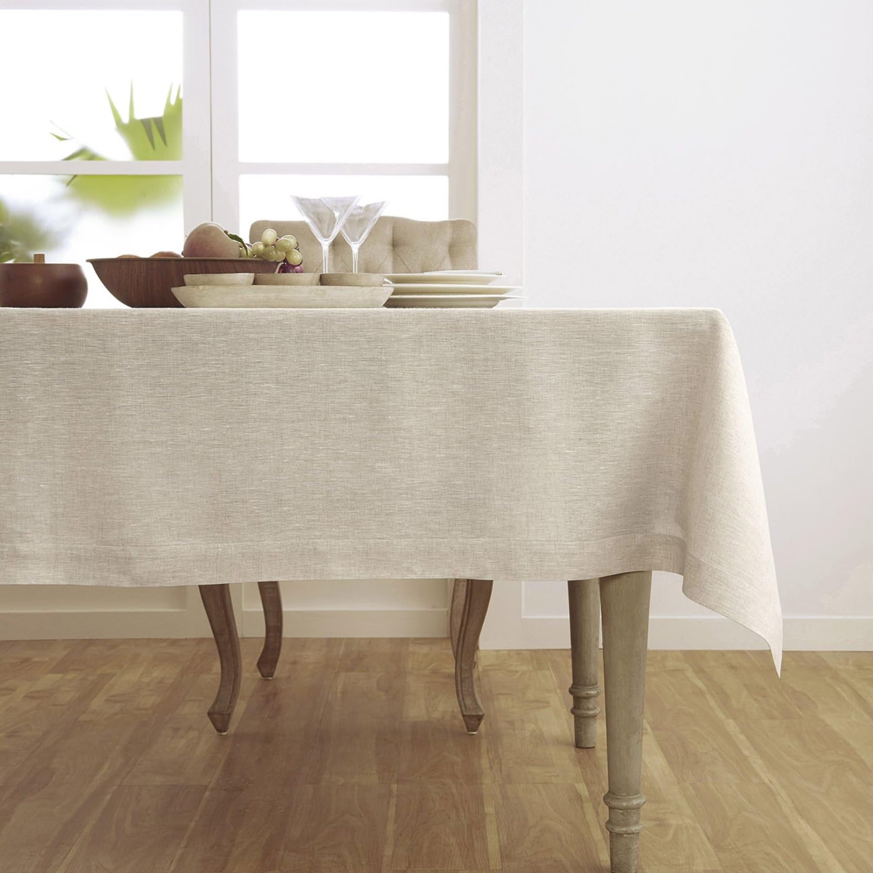 Solino Home Linen Tablecloth 132'' L X 60'' W Inch - 100% Pure Linen Light Natural Table Cloth For Rectangle Tables - Athena, Ma