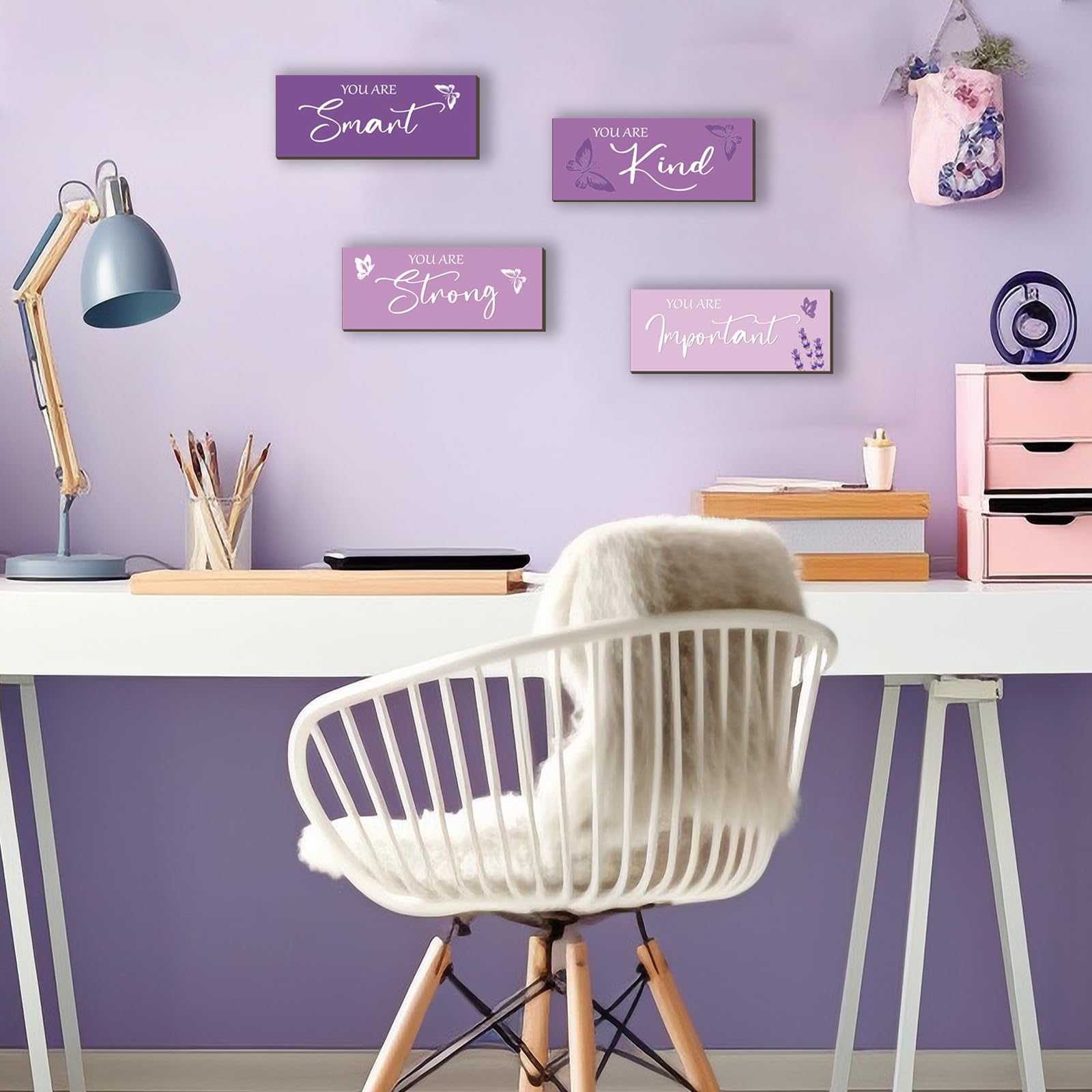 FENCORDAR 4 Pcs Butterfly Wall Decor Girls Room Decor Wooden Purple Wall Decor Positive Butterfly Wall Art Prints Inspirational