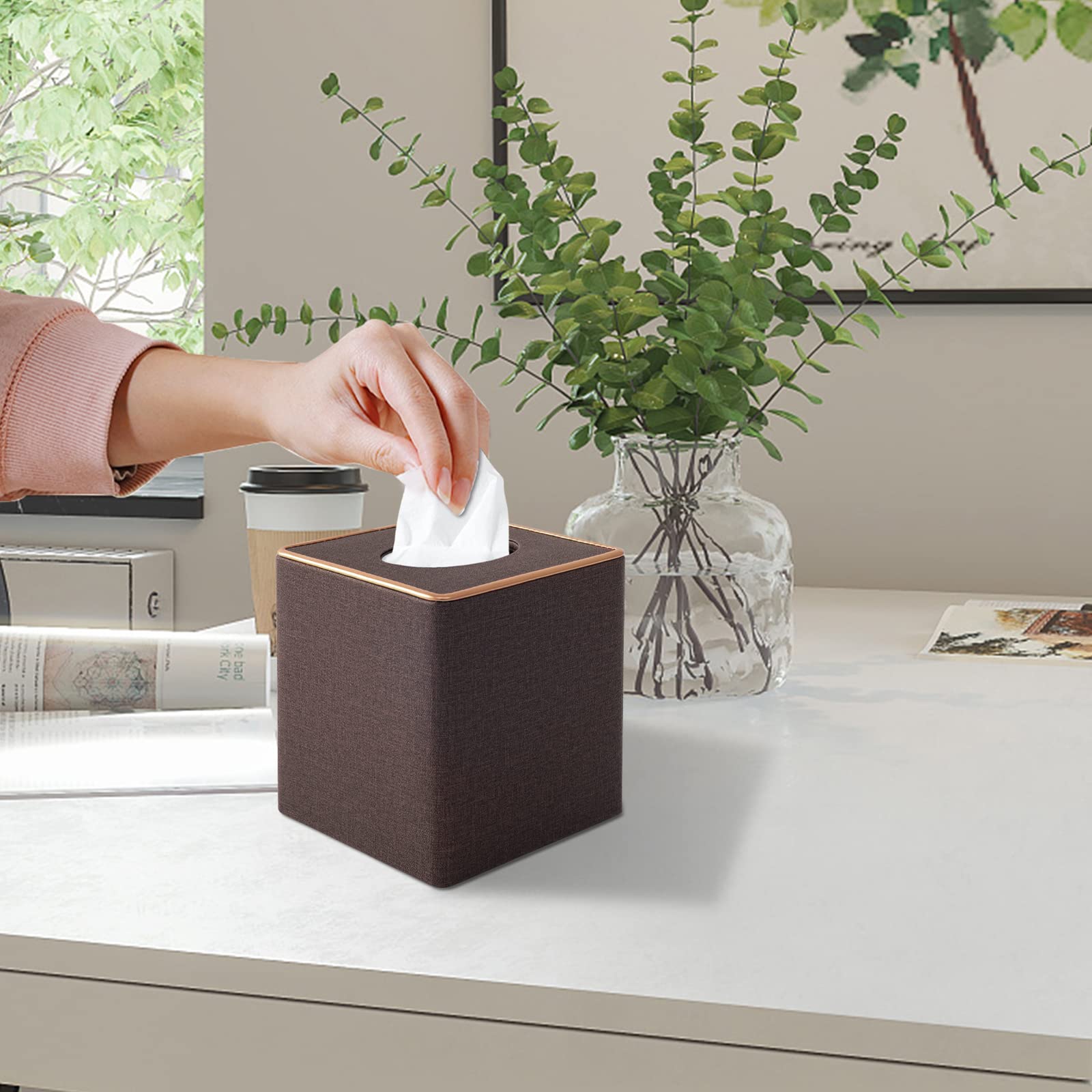 Rhcsz Linen Square Tissue Box Cover,Cube Tissue Box Holder-Excellent Rosegold Leather Decoration,Table Napkin Case Dispenser,Fac