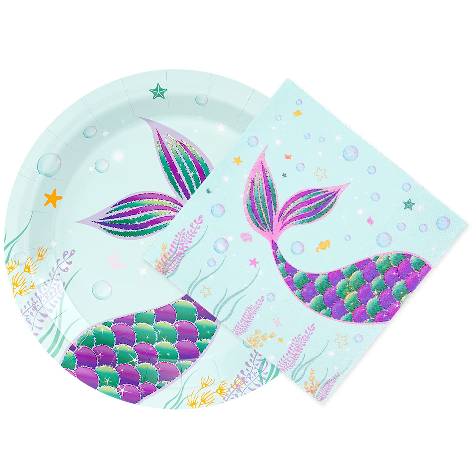 Wernnsai Mermaid Plates And Napkins Set - Serves 48 Guests Mermaid Party Supplies Disposable Paper Dinner Tableware For Birthday