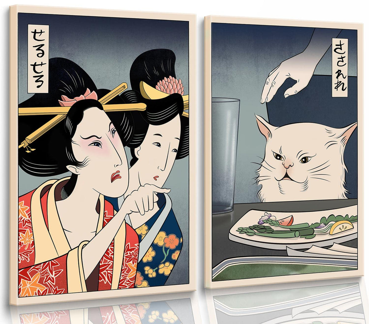 2Pcs Funny Cute Canvas Painting Japanese Woman Yelling At Cat Eating Food Poster Print Vintage Wall Art Meme Picture Dining Room