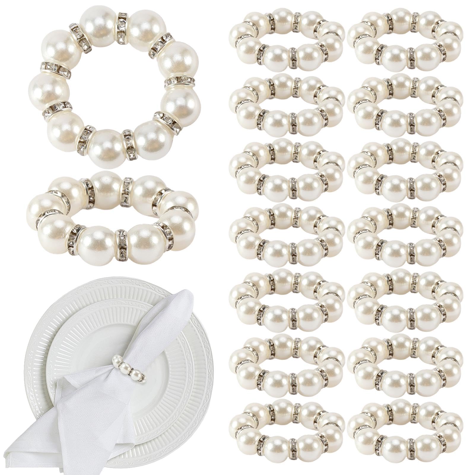 Pearl Napkin Rings Set Of 30, Round Napkin Buckles Rhinestone Napkin Rings Holders Elastic Spring Beaded Serviette Rings Buckle