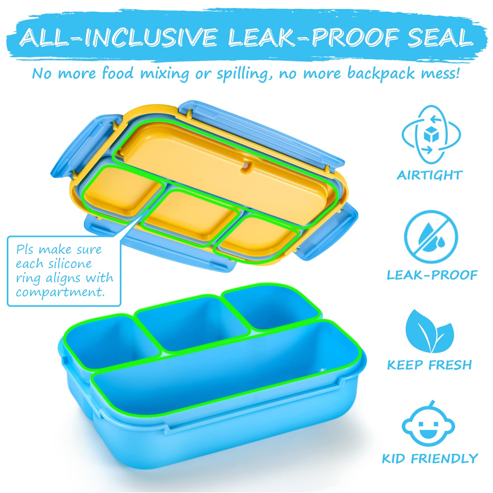 Qqko Bento Lunch Boxes With 4 Compartments, Sauce Container, Utensils, Food Picks And Muffin Cups For School Or Adults, Blue