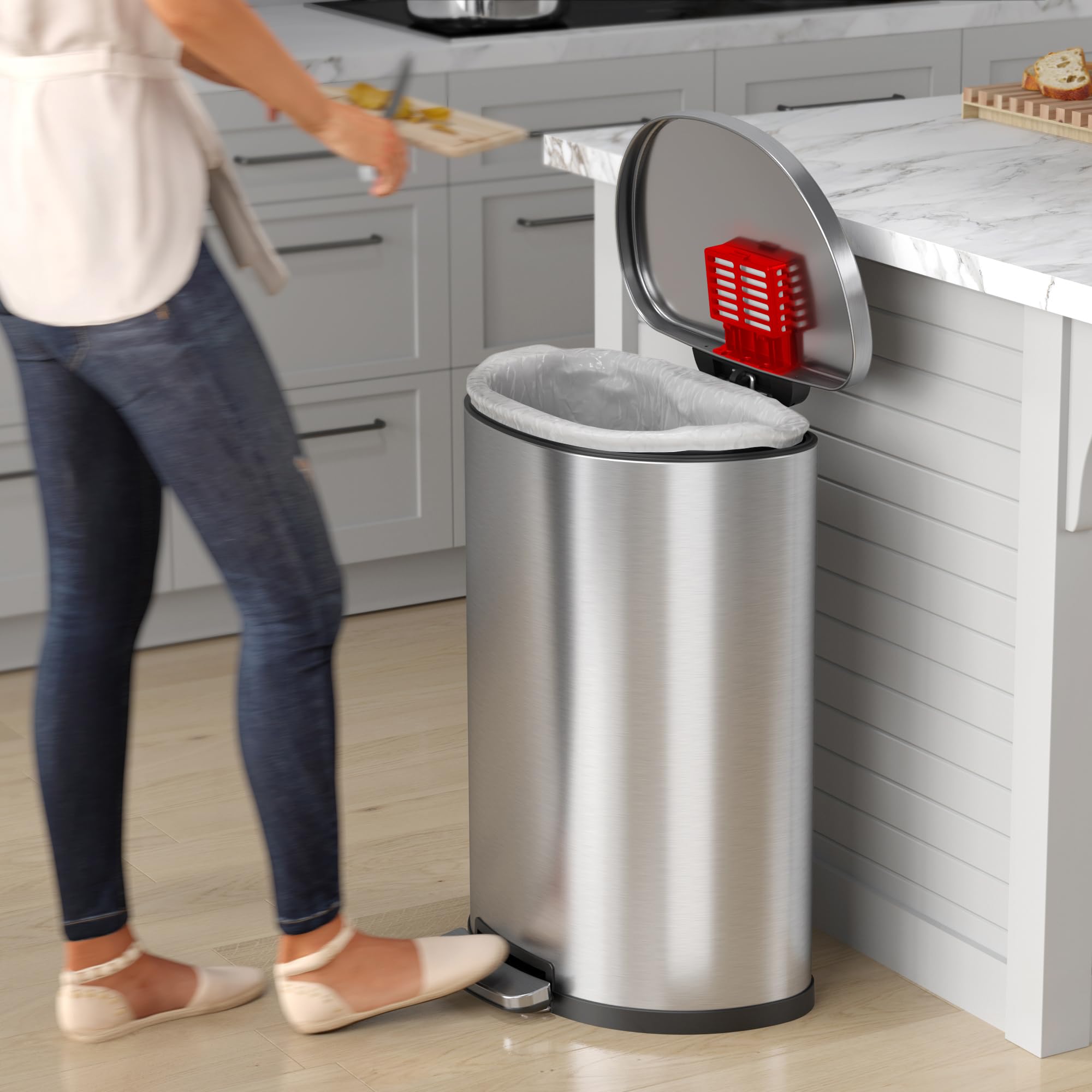 Itouchless Softstep 13.2 Gallon Step Trash Can With Odor Filter, Stainless Steel 50 Liter Space-Saving Pedal Garbage Recycle Bin