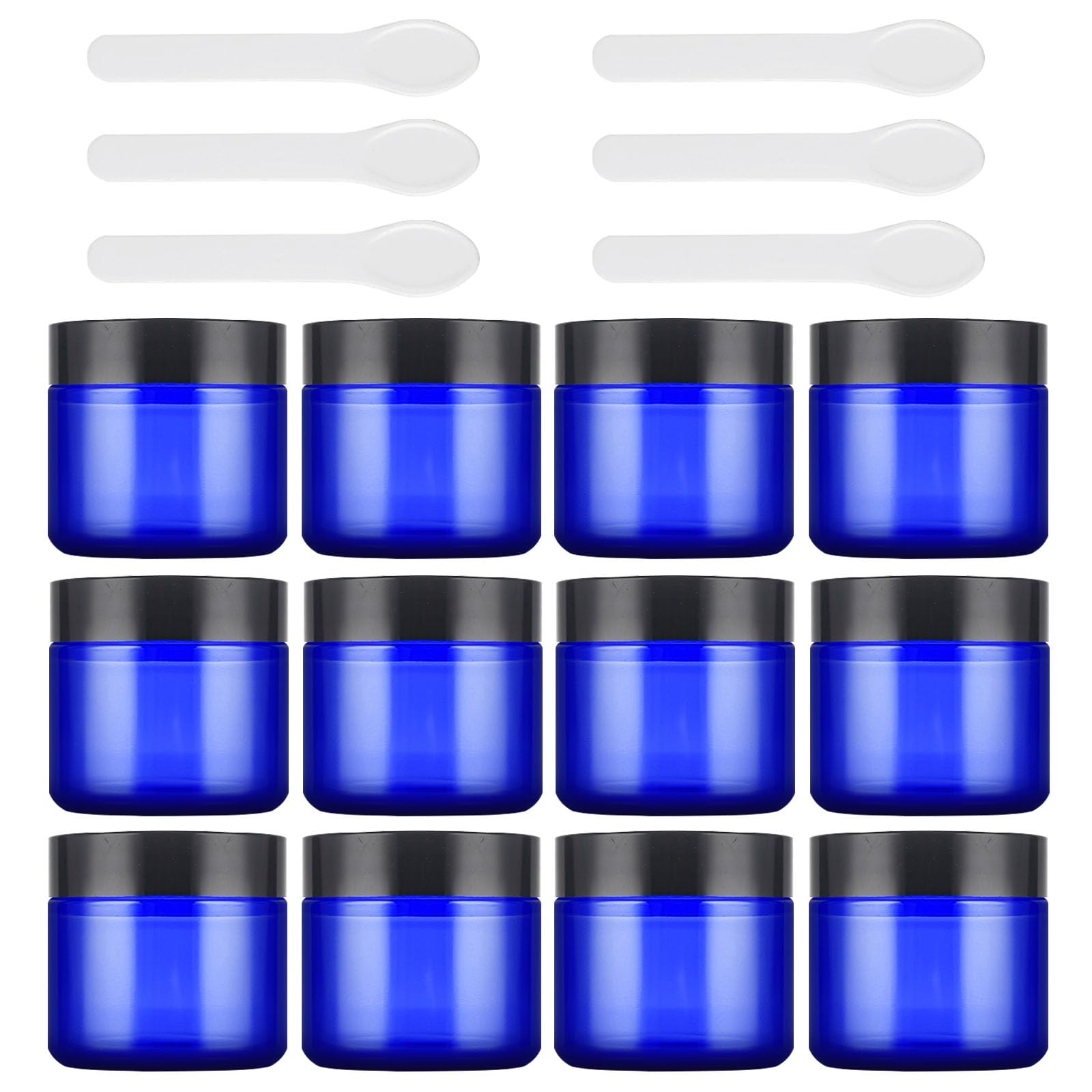 Lil Ray 2 Oz Glass Cream Jars With Black Lid (12 Pcs) Empty Cobalt Blue Glass Containers Refillable Cosmetic Vials For Lotion, O