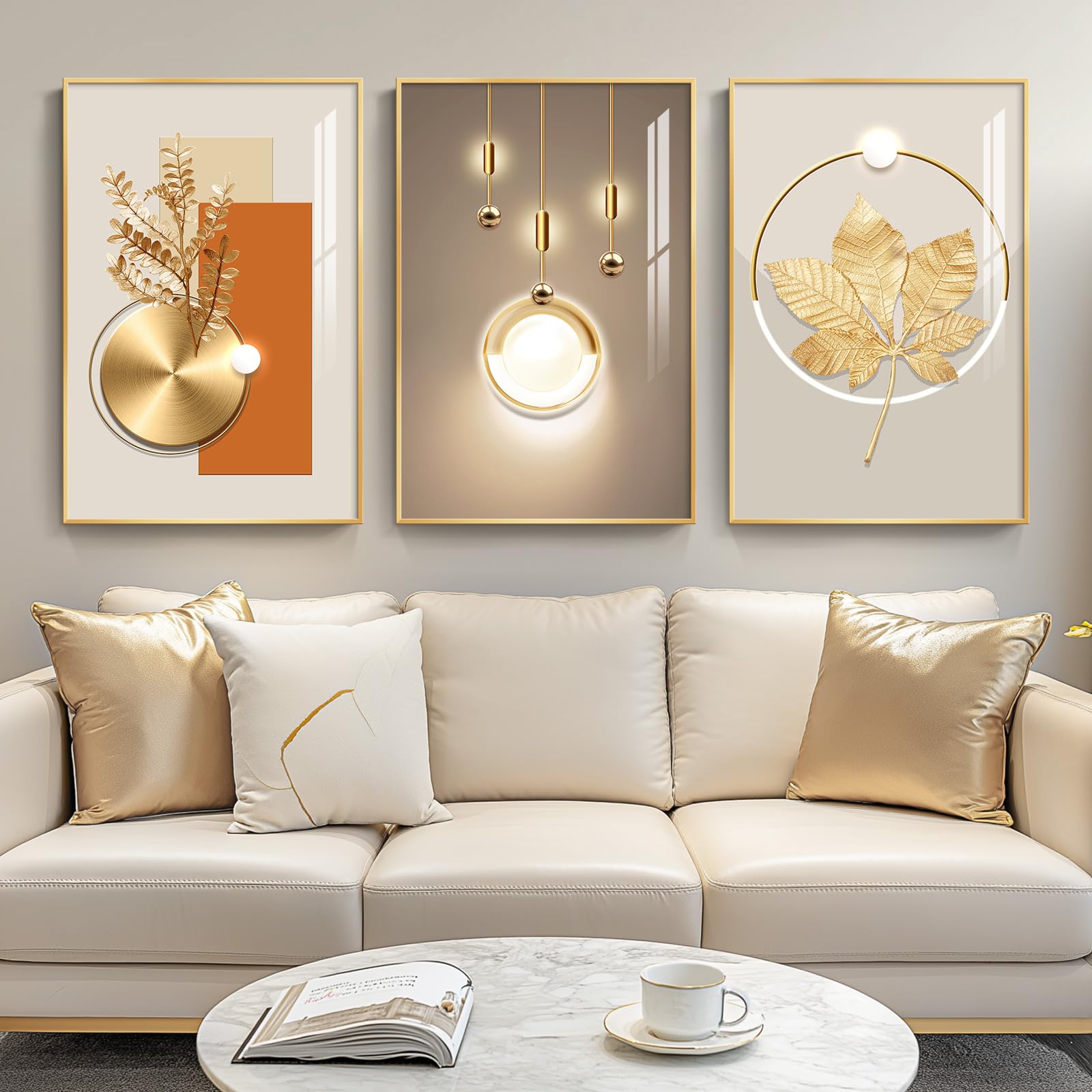 Framed Modern Luxury Gold Wall Art For Living Room, Set Of 3 Piece Contemporary Paintings Artwork For Walls, Golden Prints Pictu
