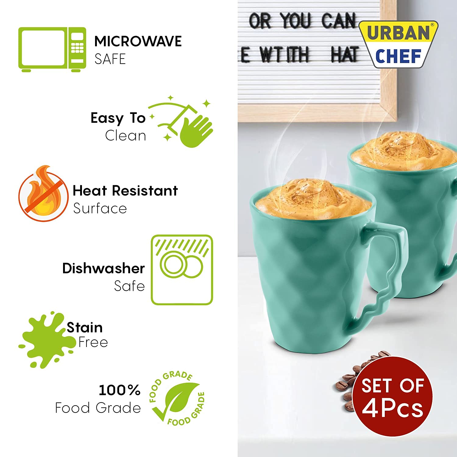 URBAN CHEF PRISM Ceramic Handcrafted Shine MUSTURD & SEA GREEN - Microwave Safe Coffee / Milk Mug with Handle Ideal Best For Sel
