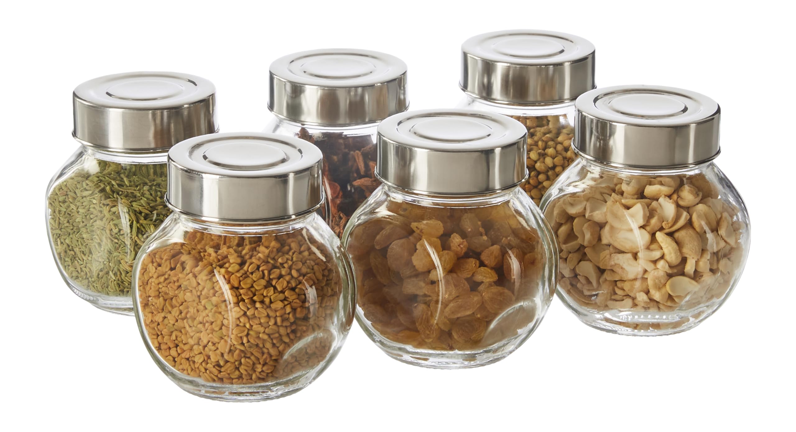 Amazon Brand  Solimo Glass Transparent Storage Jar With Steel Cap For Pickles, Spices | Bpa Free | Set Of 6 | 200 Ml