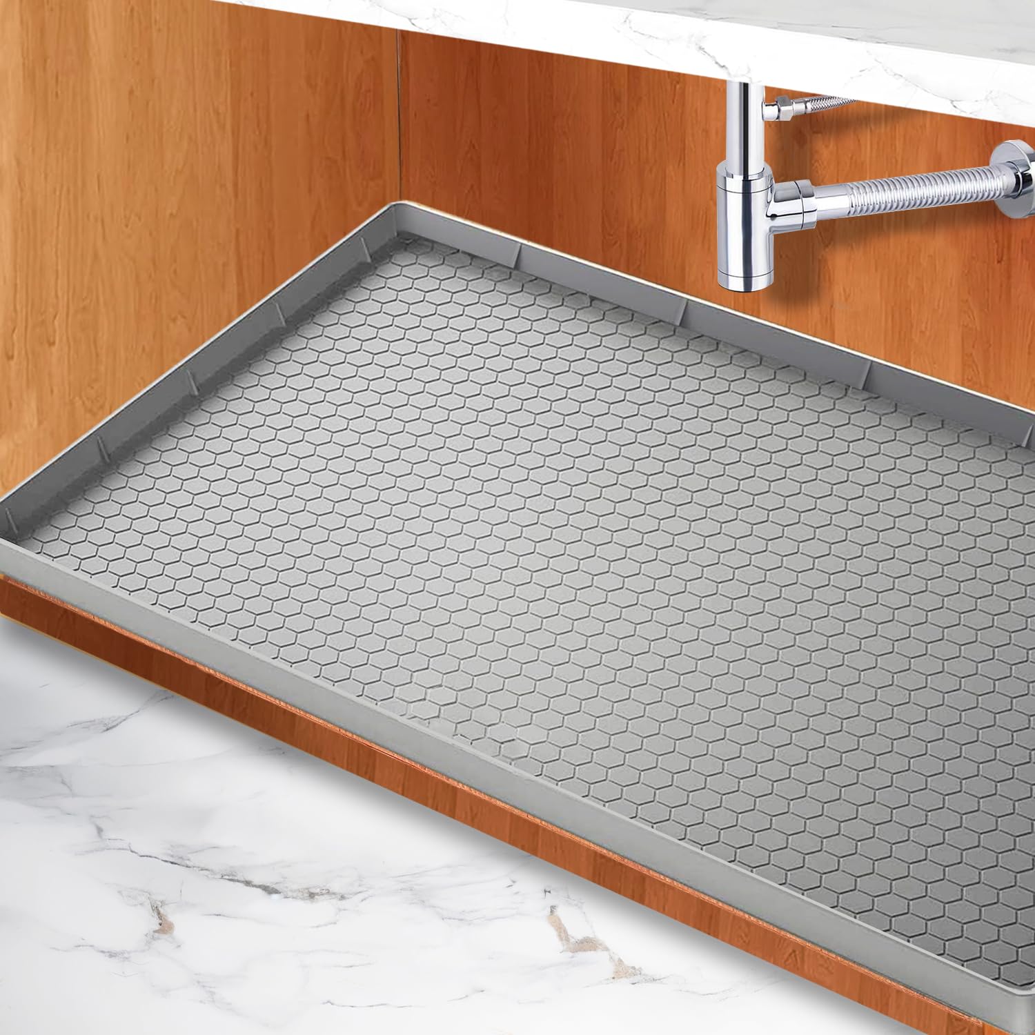 Under Sink Mat For Kitchen Waterproof, 31 X 22 Flexible Silicone Under Sink Liner With Drain Hole, Kitchen Bathroom Cabinet Mat