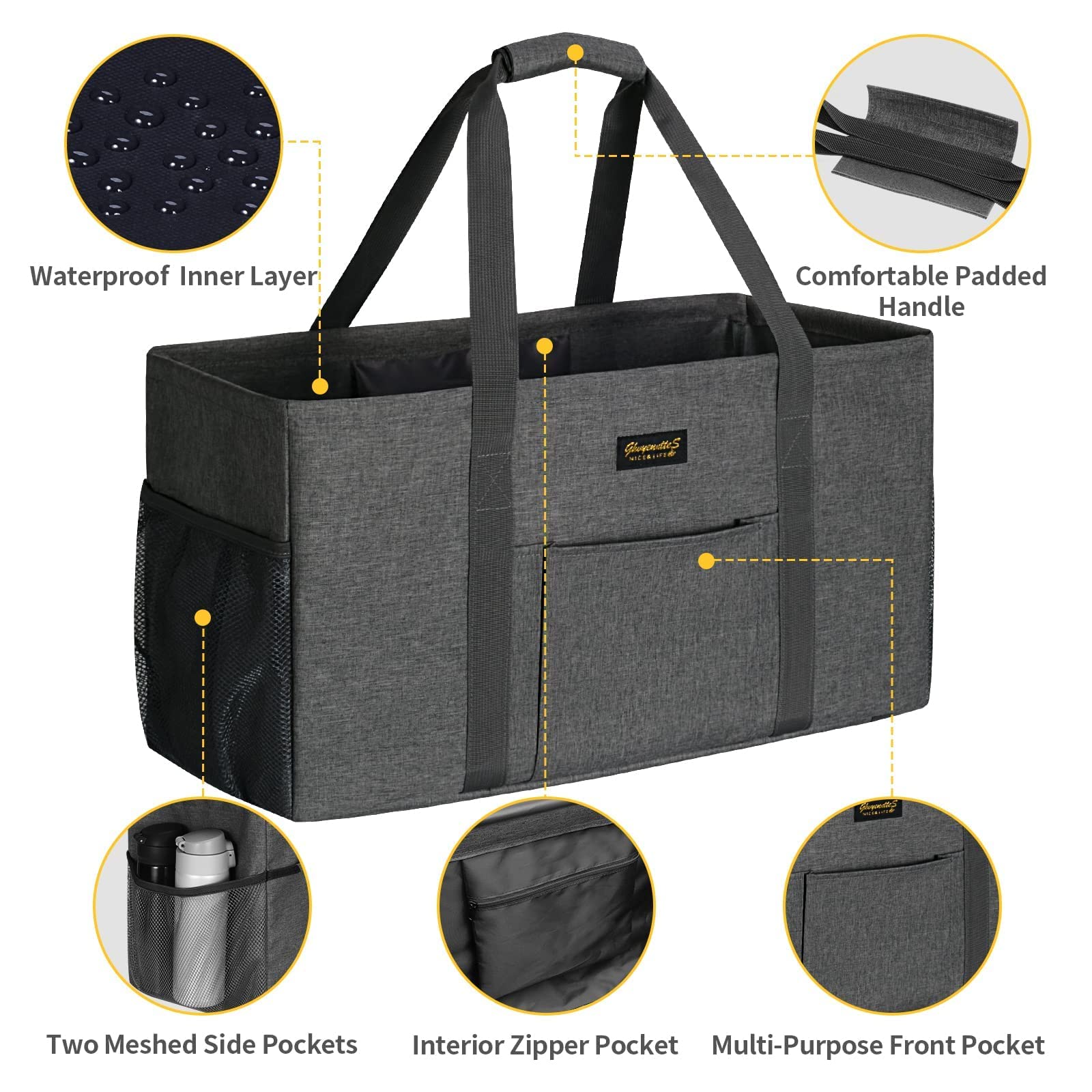 Ghvyennttes Extra Large Utility Tote Bag, Stand Up Utility Tote With Metal Wire Frame & Hard Bottom Board, Reusable Grocery Bags