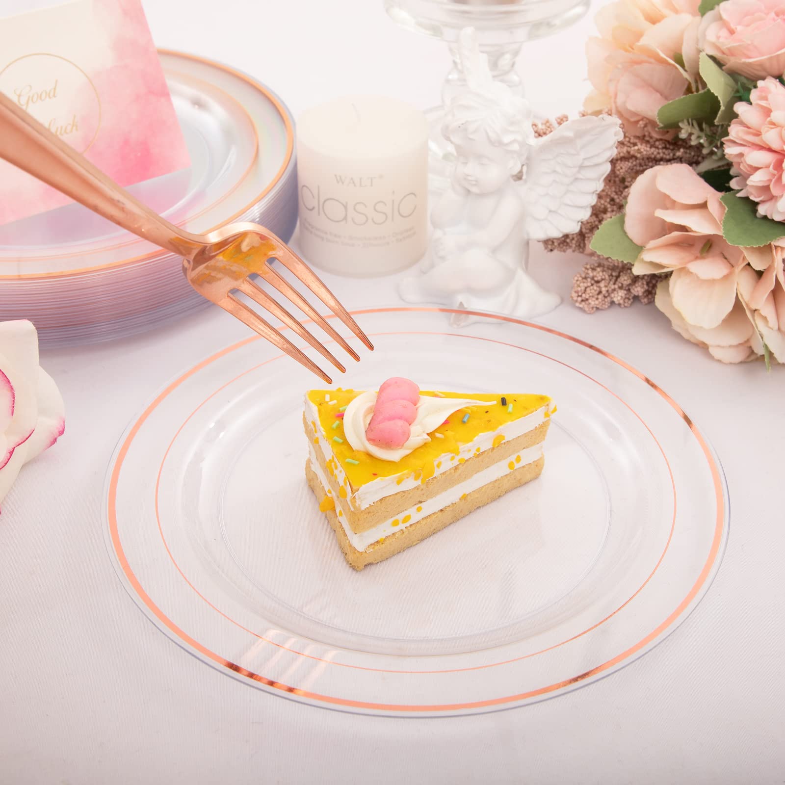 I00000 Rose Gold Plates 72 Pieces & Plastic Forks 72 Pieces, Small Valentine Plates 7.5 Inch, Premium Plastic Dessert Plates And