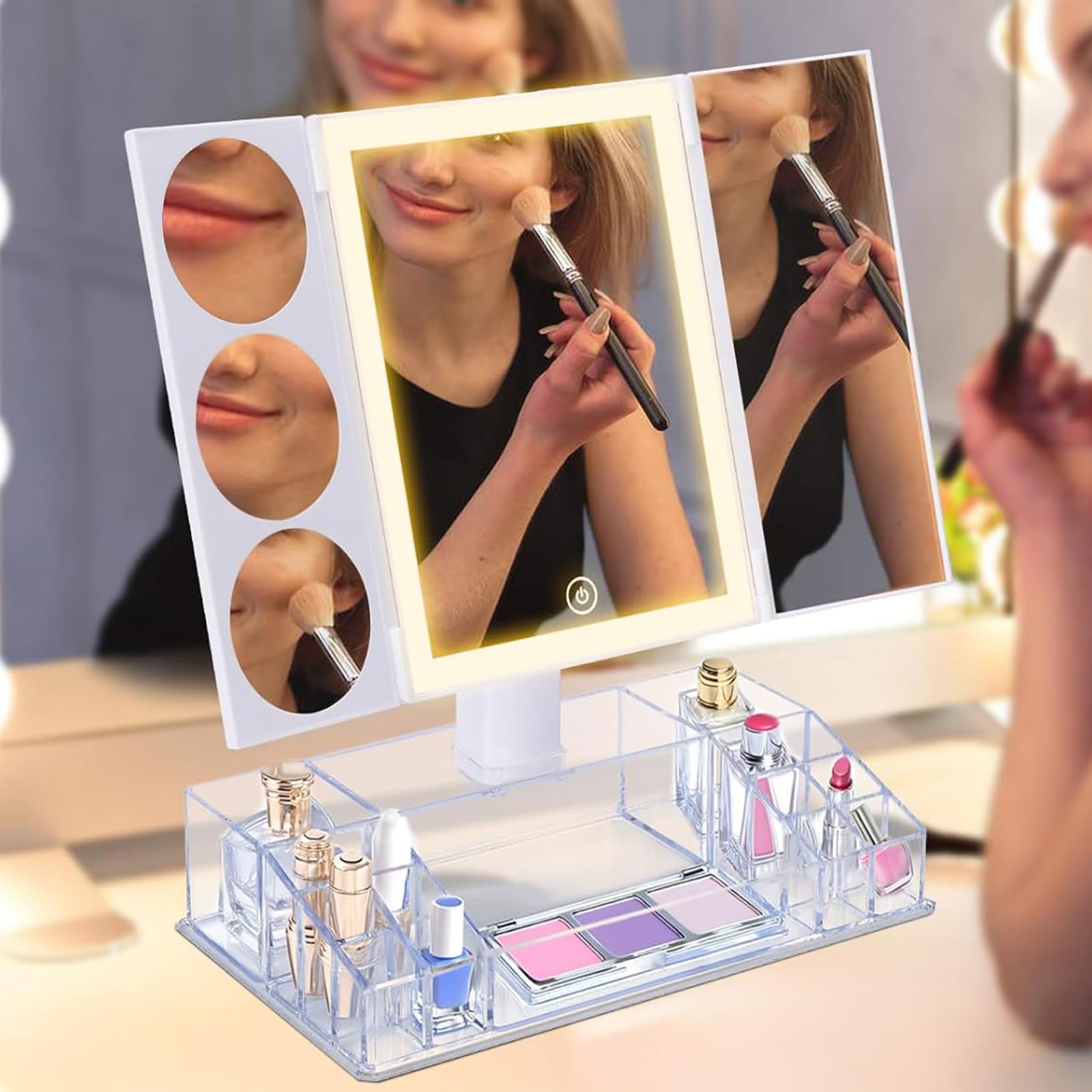 Trifold Lighted Makeup Mirror With Magnification 1X, 3X, 5X, 10X, Clear Cosmetic Storage Organizer, 3 Way Dressing Vanity Mirror