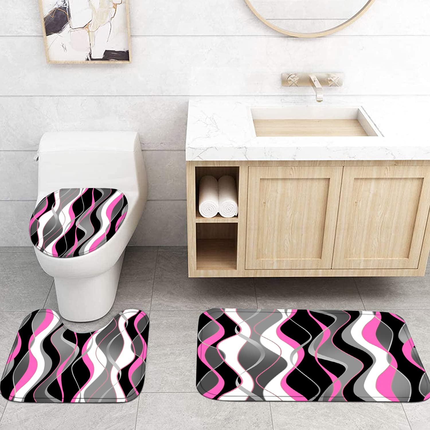 Nkzply 4 Pcs Pink And Black Striped Shower Curtain Set Grey And White Bathroom Sets With Shower Curtain And Rugs Modern Home Bat