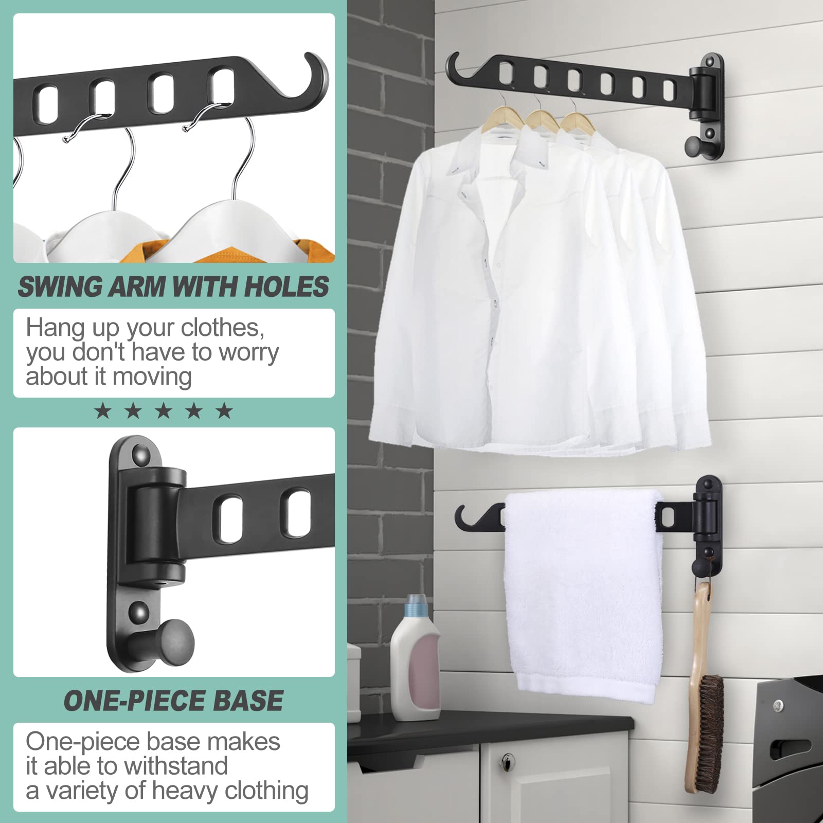 Skiken Wall Mounted Clothes Hanger With Swing Arm, Laundry Room Drying Rack, Swing Away Valet Hook, Foldable 180Rotation, Sturdy
