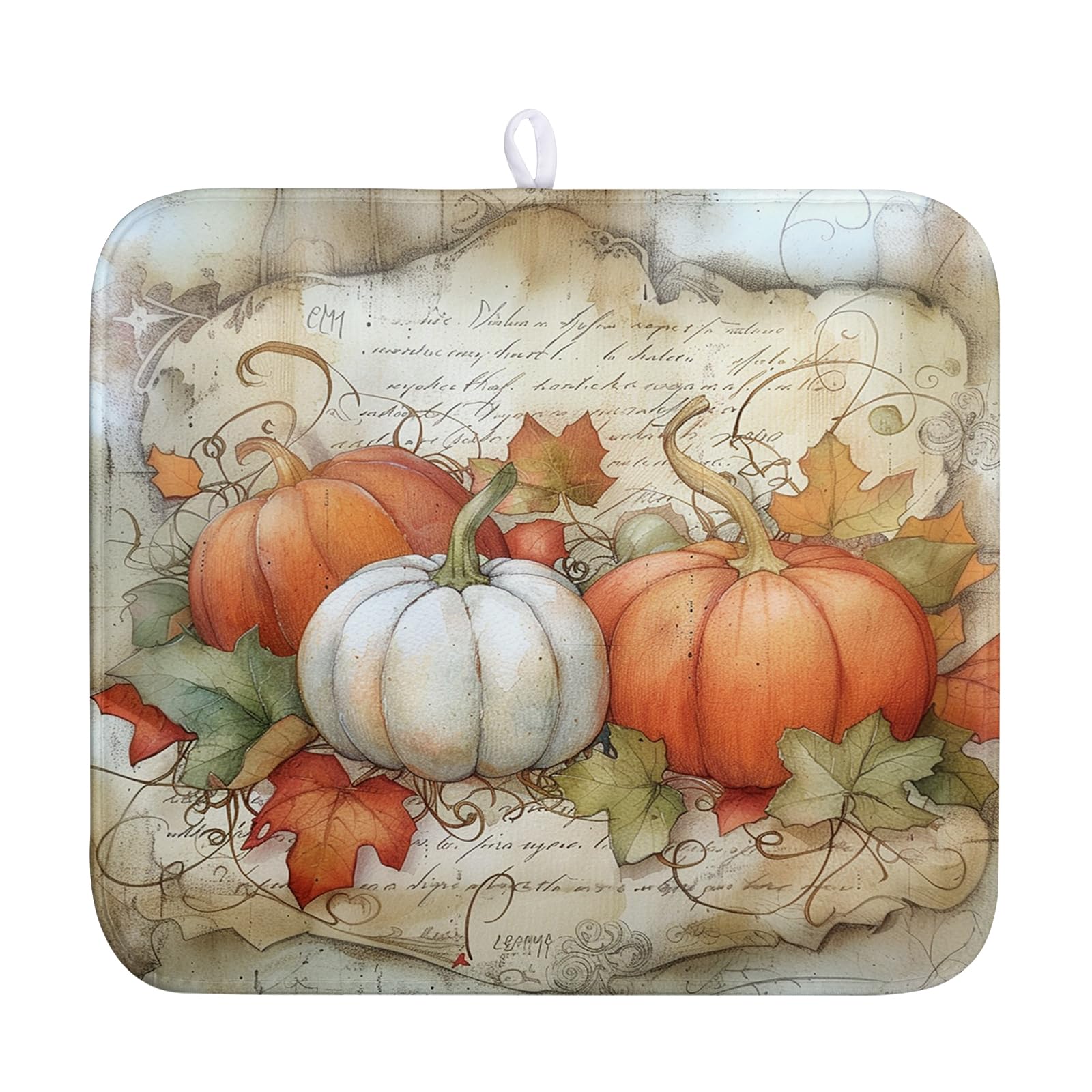 Wnoesat Fall Pumpkin Maple Leaf Dish Drying Mat for Kitchen Counter 16x18 Inch Vintage Autumn Leaves Thanksgiving Drying Mat Sea