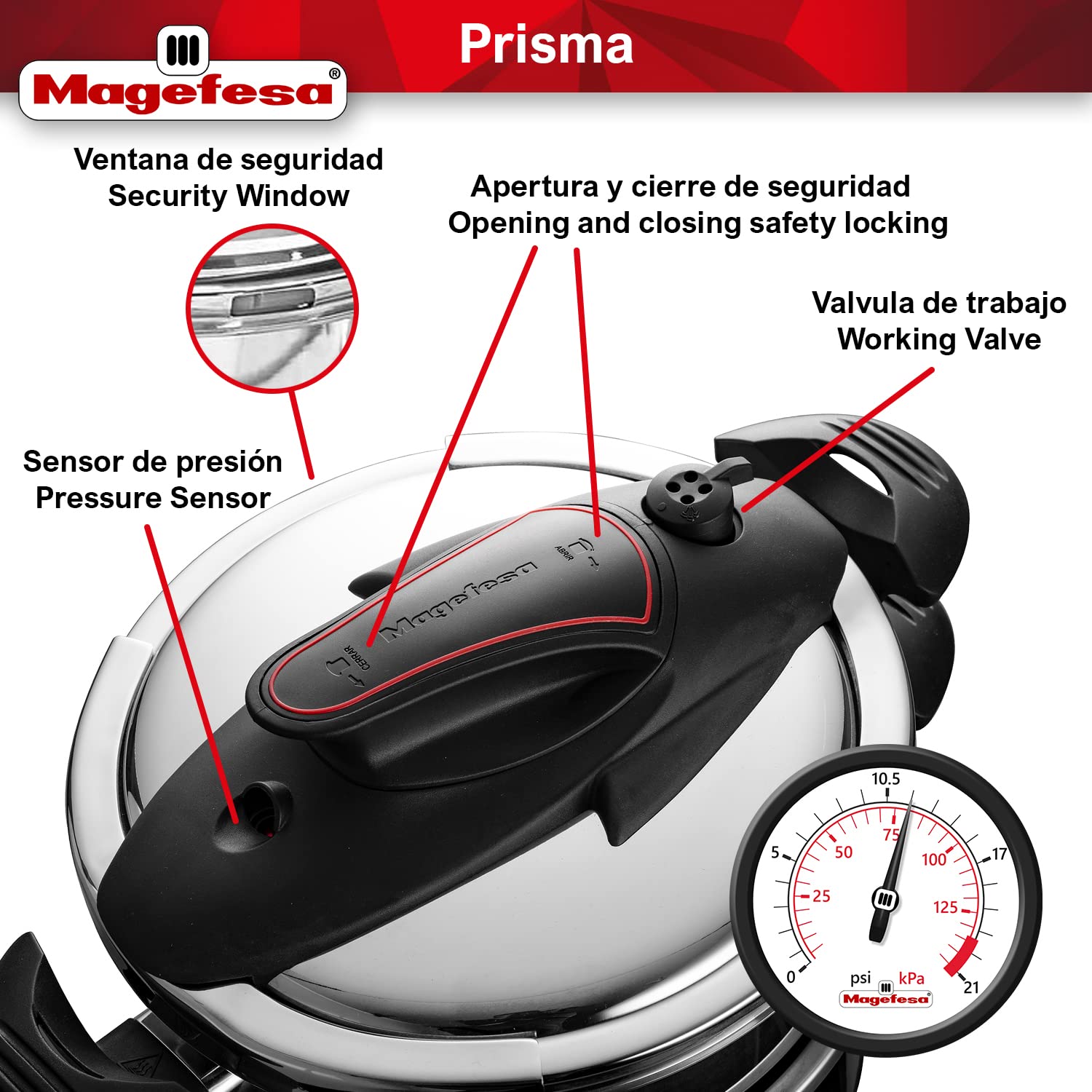 MAGEFESA  Prisma 4.2 + 6.3 Quart Stove-top Super Fast Pressure Cooker, Easy Smooth Locking Mechanism, Polished 18/10 Stainles St