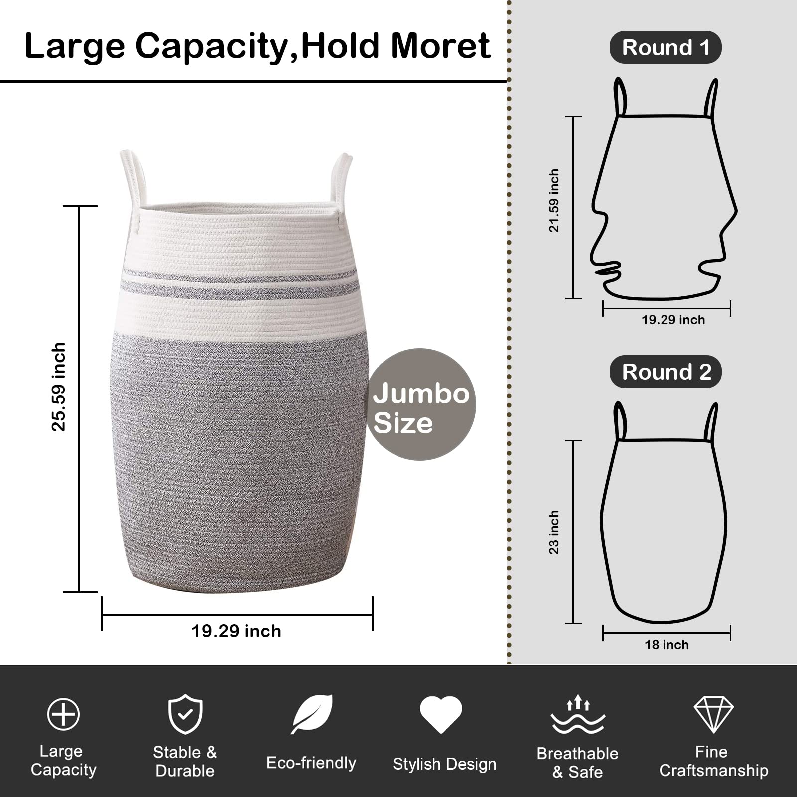 Oiahomy Laundry Hamper Woven Cotton Rope Large Clothes Hamper 25.6'' Height Modern Curve Basket With Extended Cotton Handles For