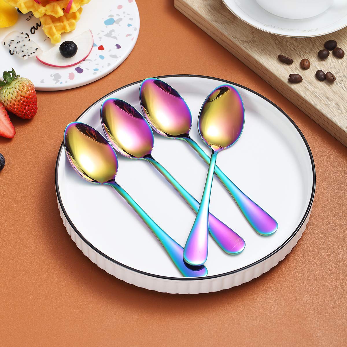 Rainbow Teaspoons 6.5'' Set Of 4, Berglander Stainless Steel Titanium Plating Shiny Mutil-Color Tea Spoons Silverware, Colorful