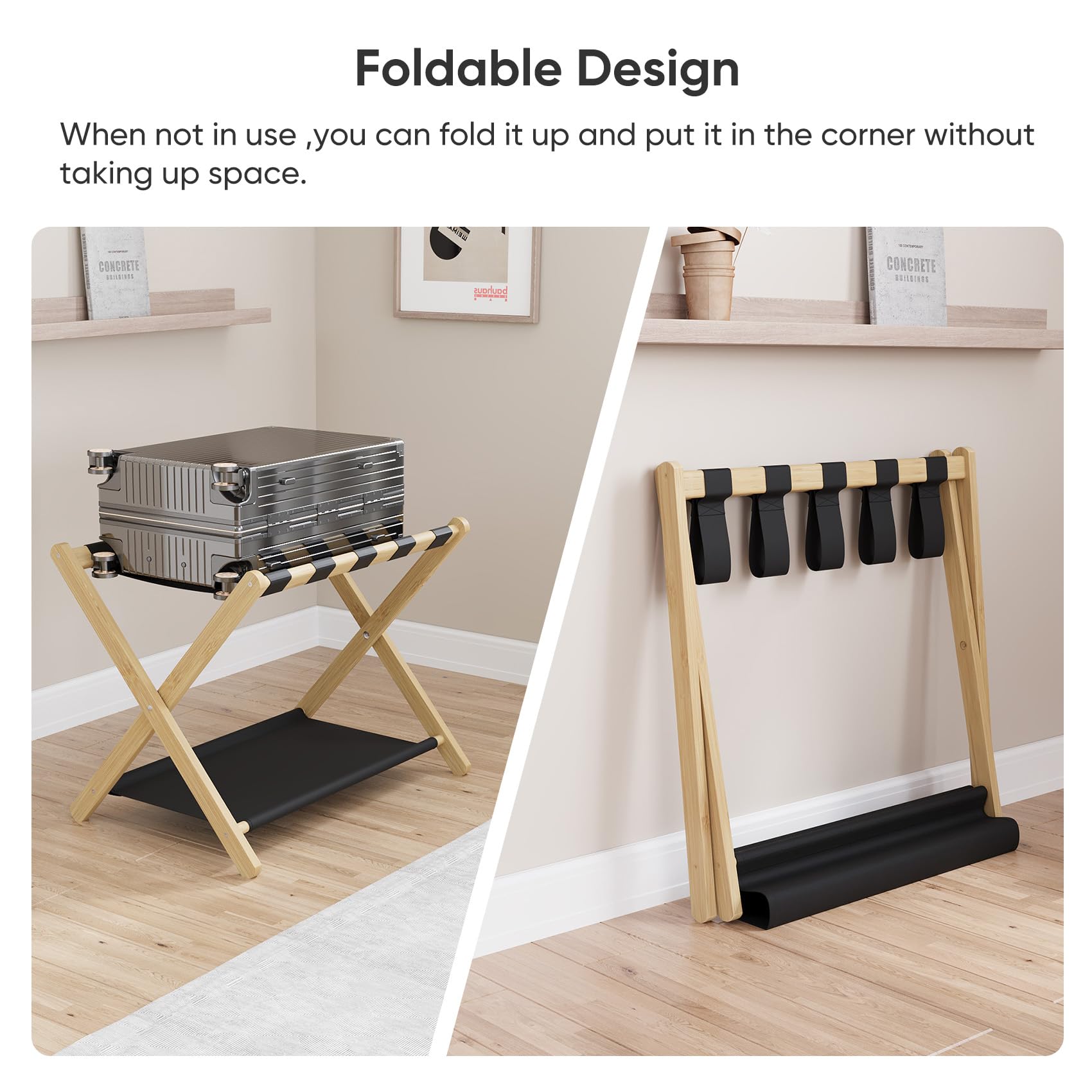 Smuxee Natural Bamboo Luggage Rack For Guest Room, Foldable Suitcase Stand With Storage Shelf, Easily Assembled Luggage Stand Wi