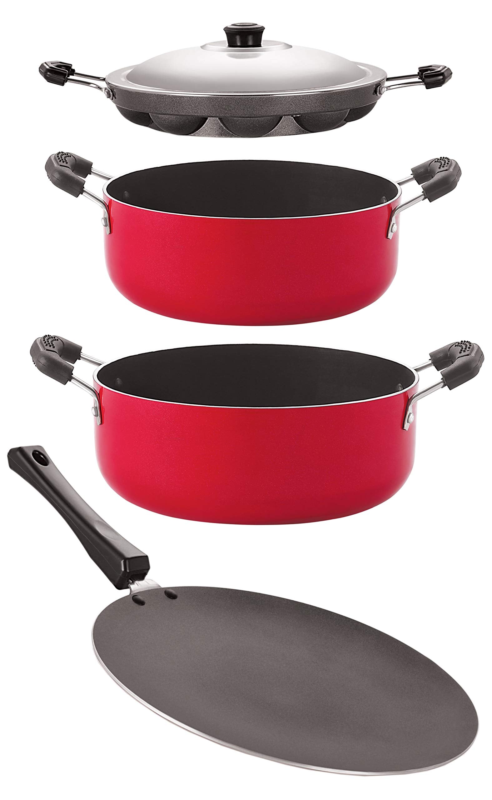 Nirlon Nonstick Aluminium Cookware 4 Pieces Set, Red (Concave Tawa 28.5Cm + Casserole 2.6 Ltr + Appam Steel Lid 12 Cavity + Cass