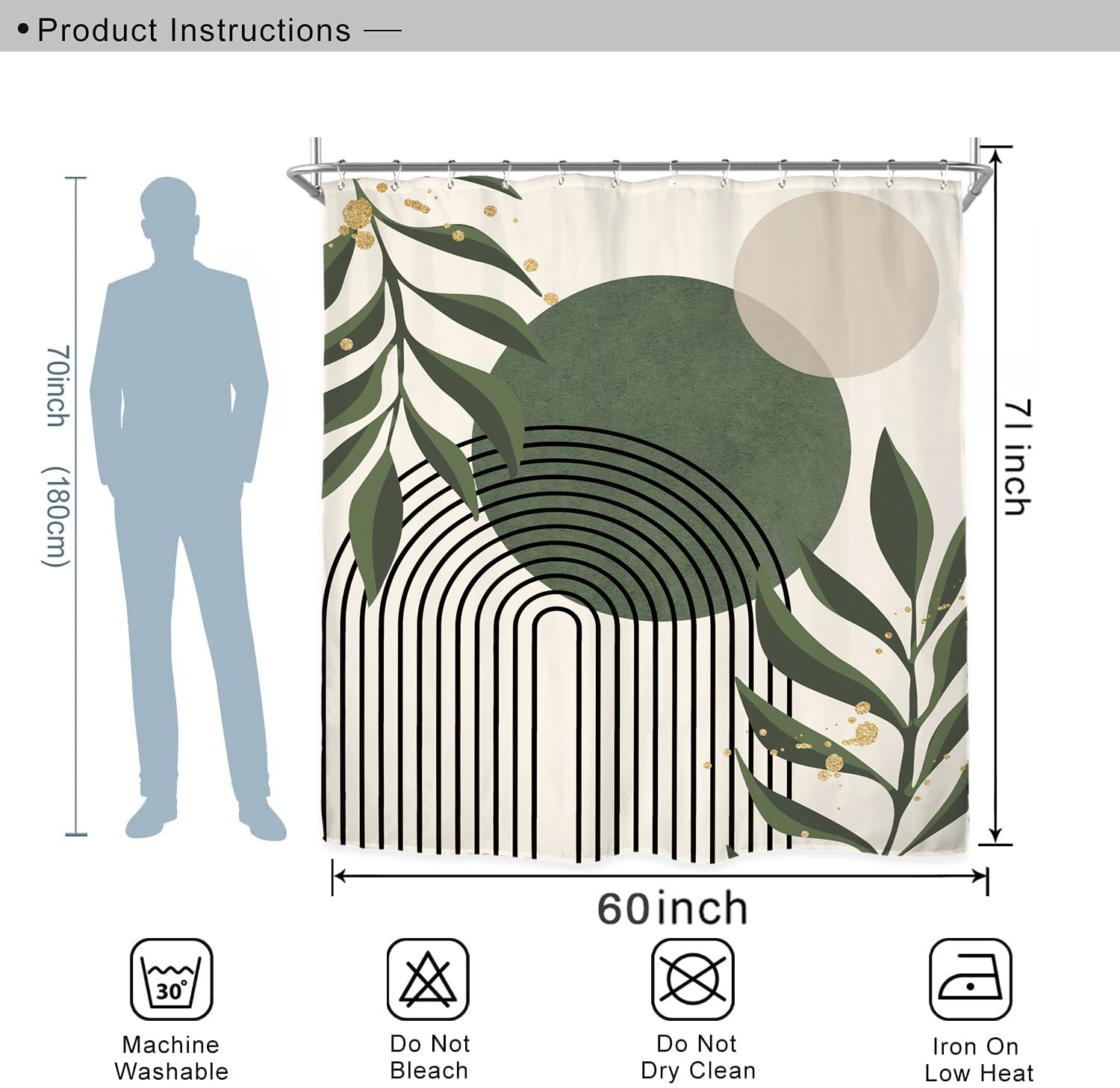Miyotaa Green Abstract Shower Curtain Set 60Wx71H Inches Neutral Leaves Geometric Minimalist Aesthetic Plant Mid Century Modern