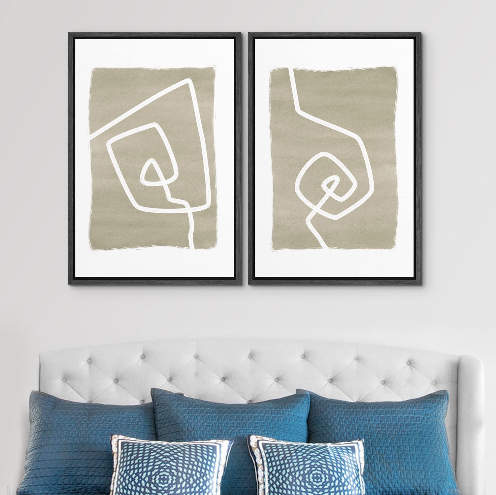 SIGNWIN Framed Wall Art Print Set Angular White Lines Over Dark Blue Background Abstract Swirly Digital Art Modern Art Mid-Century Modern Expressive for Living Room  Bedroom  Office - 24''x36''x2 Black
