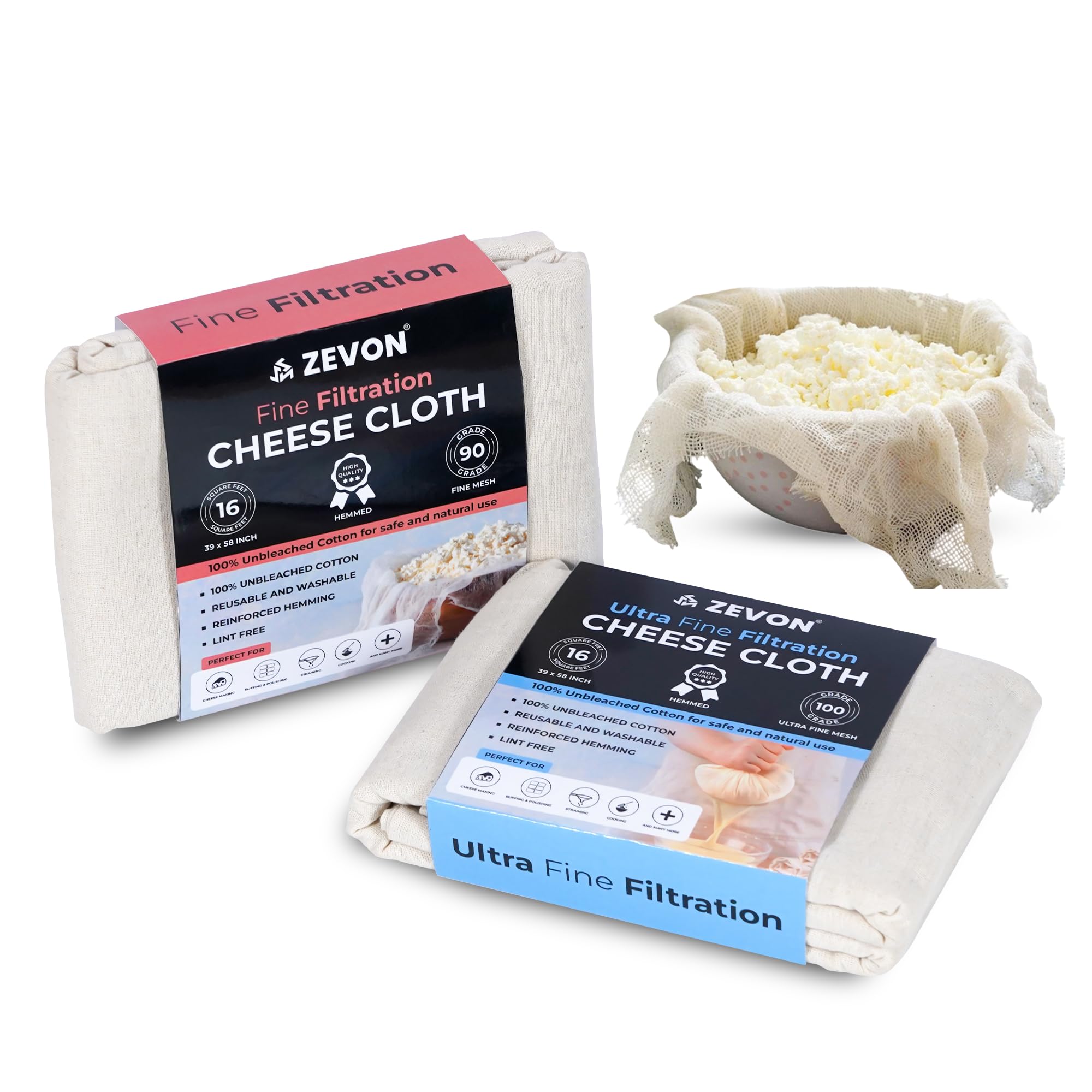 Zevon Muslin Cheese Cotton Cloth, 1X1.2 Meter, 2 Pack, Food Grade  Strainer For Cheese,Unbleached Cotton Fabric Ultra Fine Reus