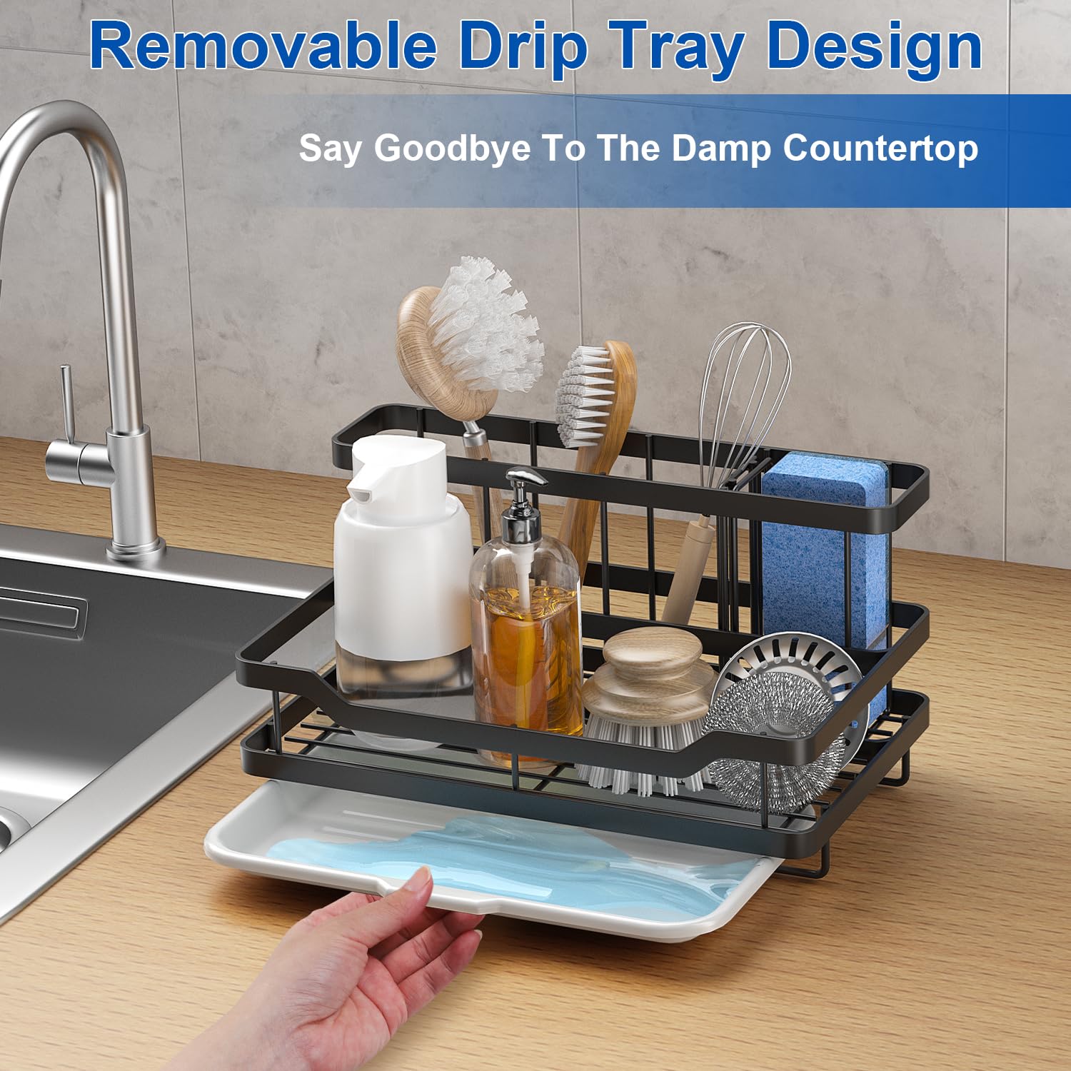 Sponge Holder For Kitchen Sink Caddy Kitchen Sink Organizer, Sink Rack For Kitchen Countertop Dish Sponge Holder Soap Brush Disp