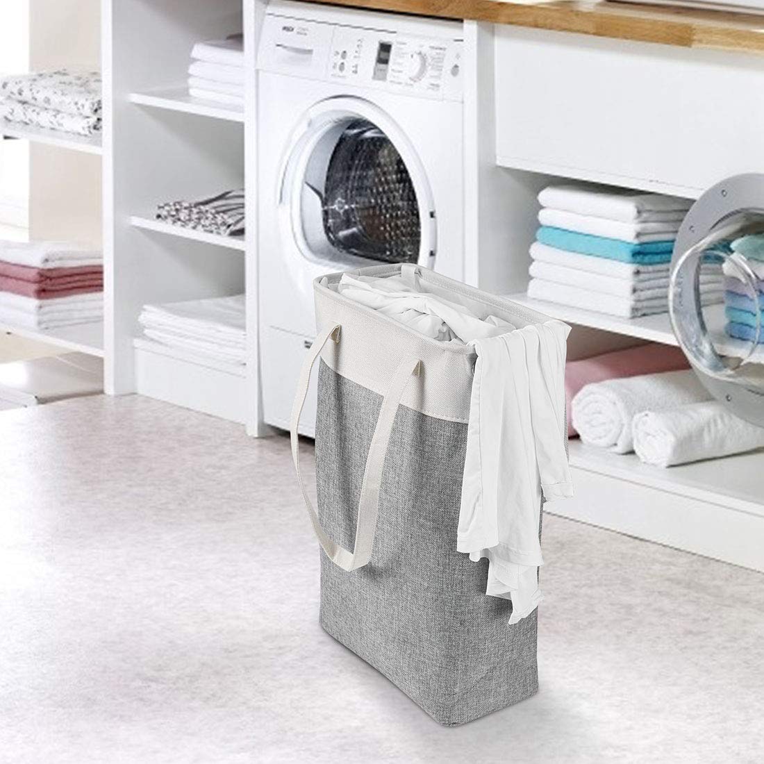 i BKGOO Laundry Basket with Handles Beige&Grey-Slim Laundry Bin Collapsible Dirty Clothes Basket Narrow Laundry Bag Foldable Dirty Hamper for Camping  Dorms  Apartments