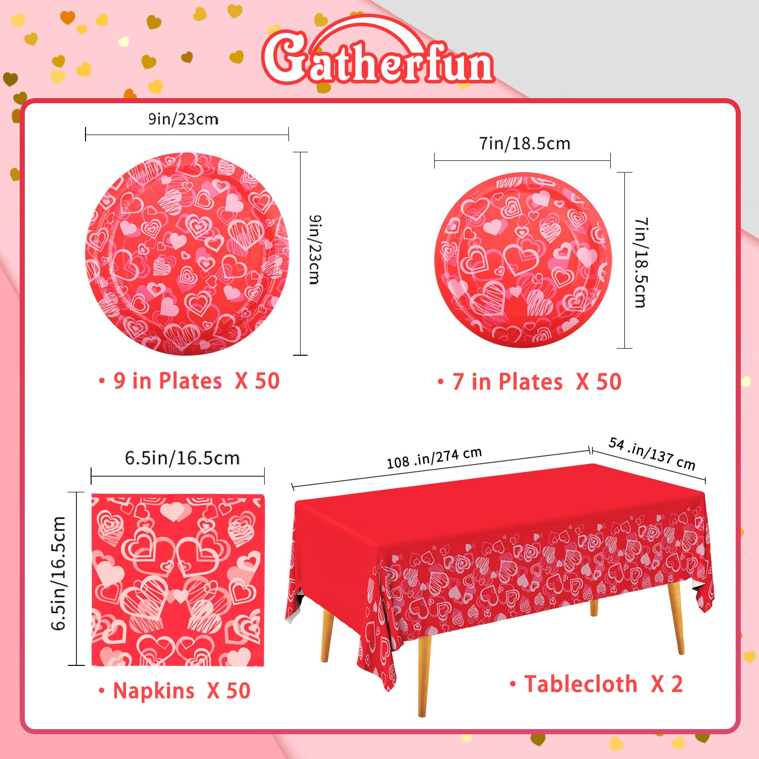 Gatherfun Valentine'S Day Party Supplies Hot Heart Love Disposable Paper Plates Napkins Waterproof Plastic Tablecloth For Valent