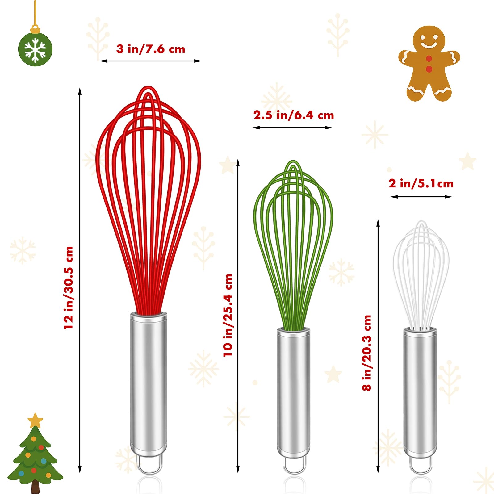 OYV Christmas Whisk Set - 3 Sizes (12   , 10   , 8   ) - Holiday Red, Green & White Stainless Steel Whisks for Baking, Cooking &