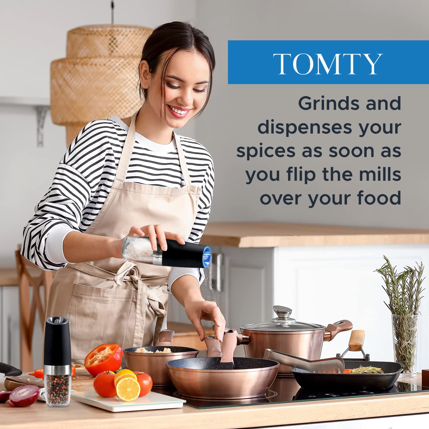 TOMTY Electric Salt and Pepper Grinder Set - Battery Operated, Stainless Steel, Black - Perfect for Kitchen, Grilling, and Housewarming Gifts