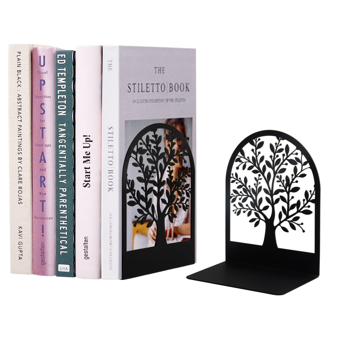 Left Bookend Umikk Metal Bookends - Tree of Life Design, Black Non-Skid, 7 x 5.5 x ...