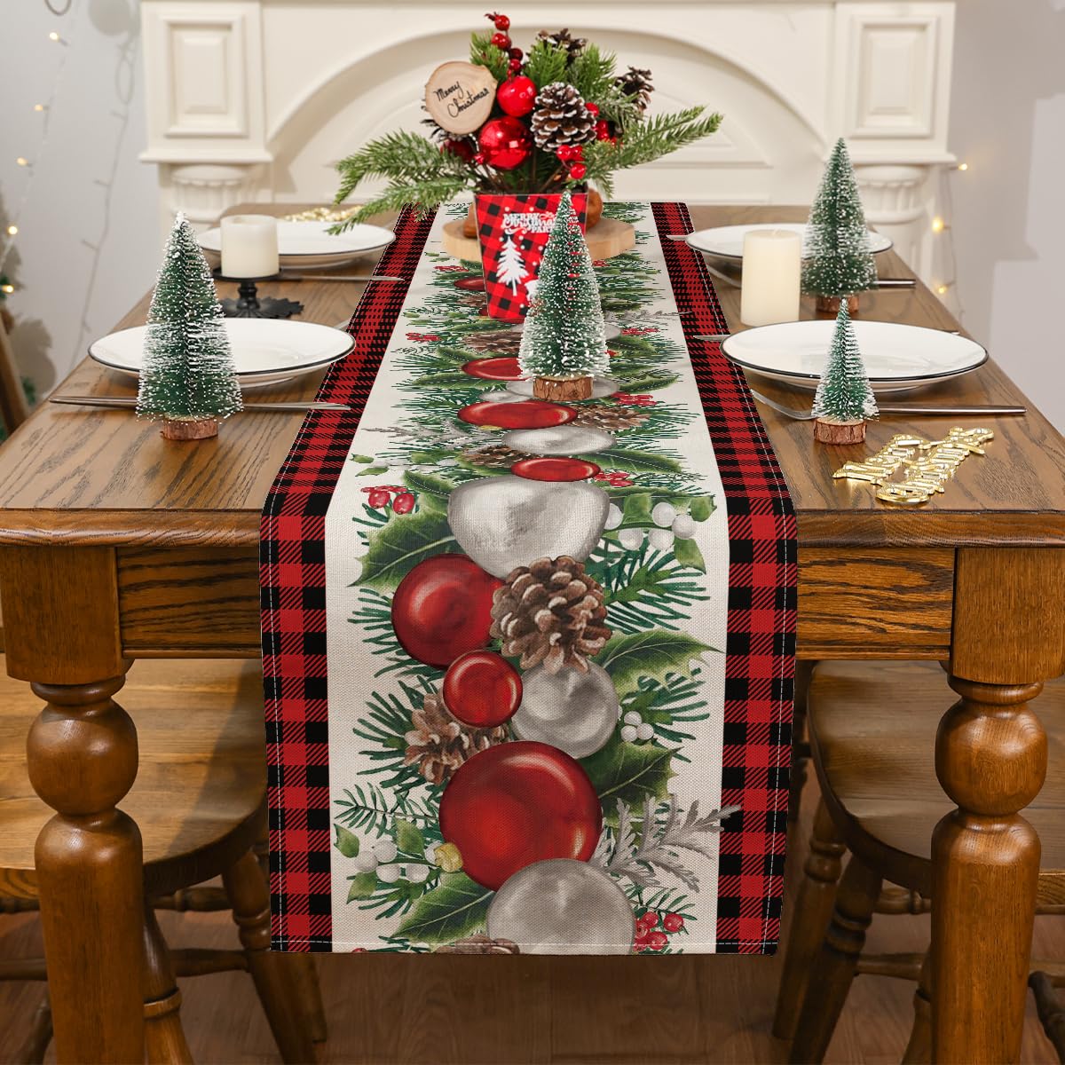 Siilues Christmas Table Runner, Buffalo Plaid Christmas Ball Decorations Christmas Runner For Table Seasonal Winter Decor For In