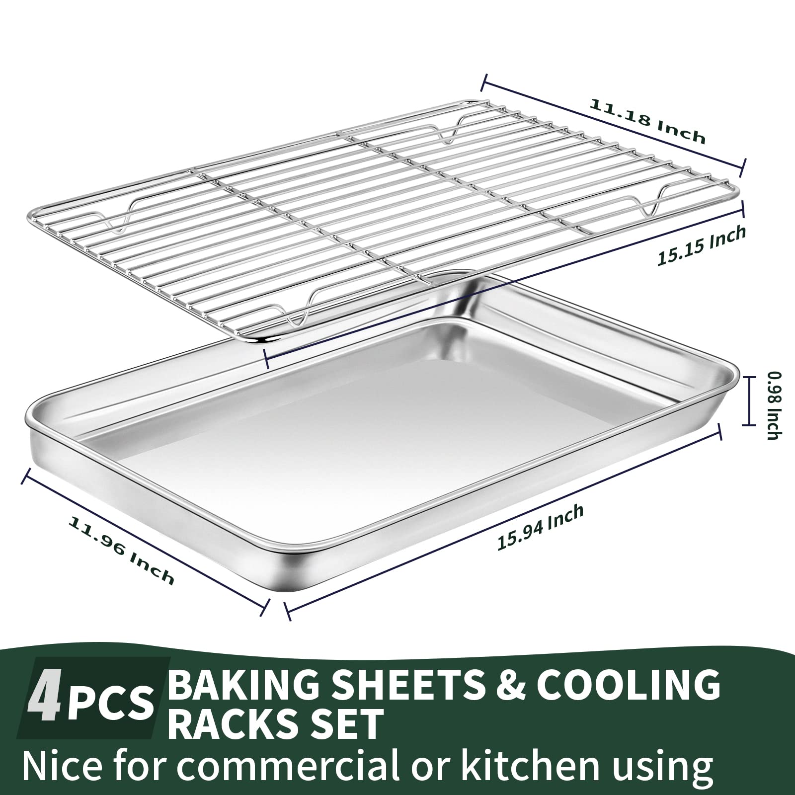 Cekee Baking Sheet With Rack Set (2 Baking Pans + 2 Baking Racks), Stainless Steel Cookie Sheets For Baking Nonstick, Heavy Duty