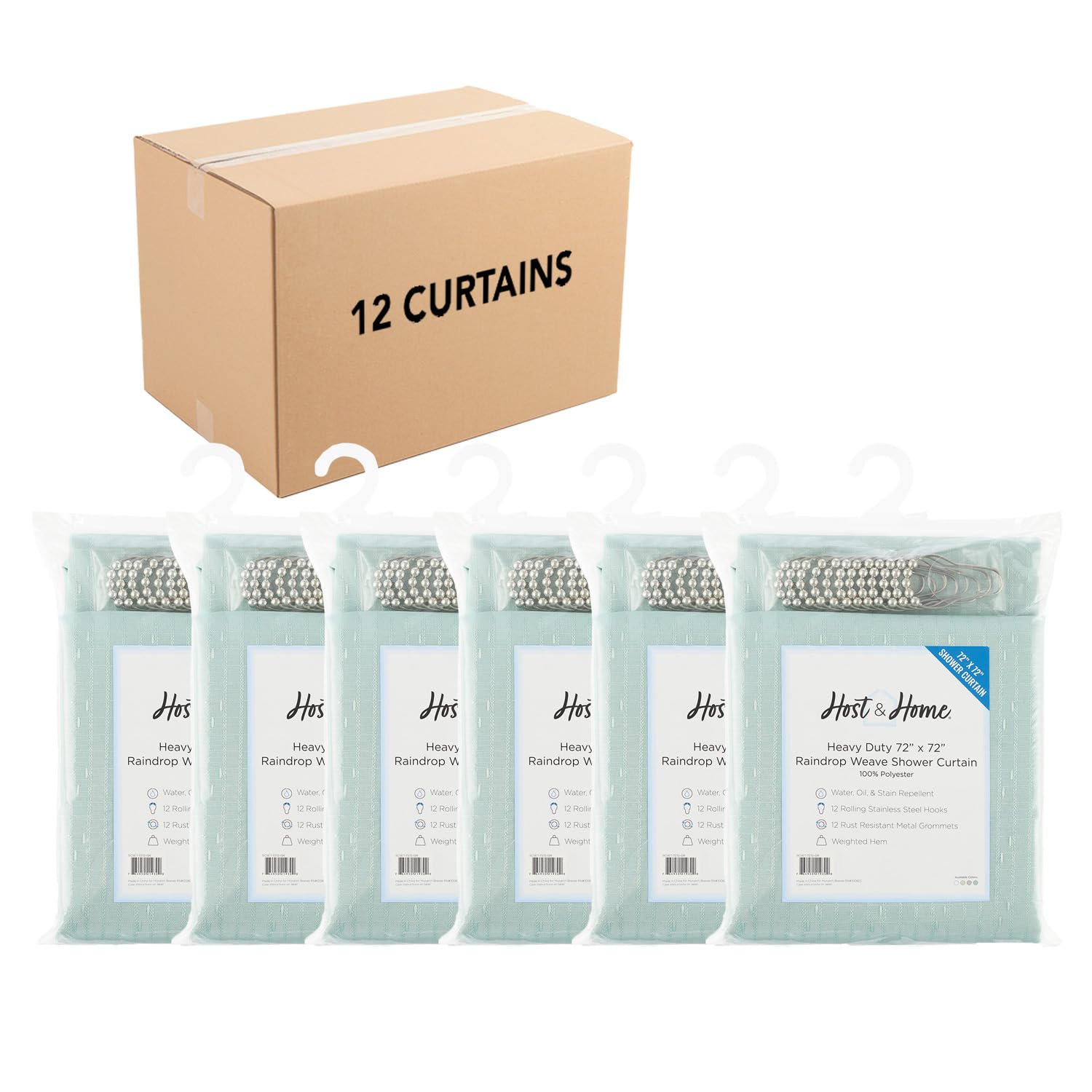 Arkwright Bulk Shower Curtain Set - Case Of 12 - Stainless 12 Metal Hooks, Raindrop Jacquard Woven Washable Fabric With Weighted