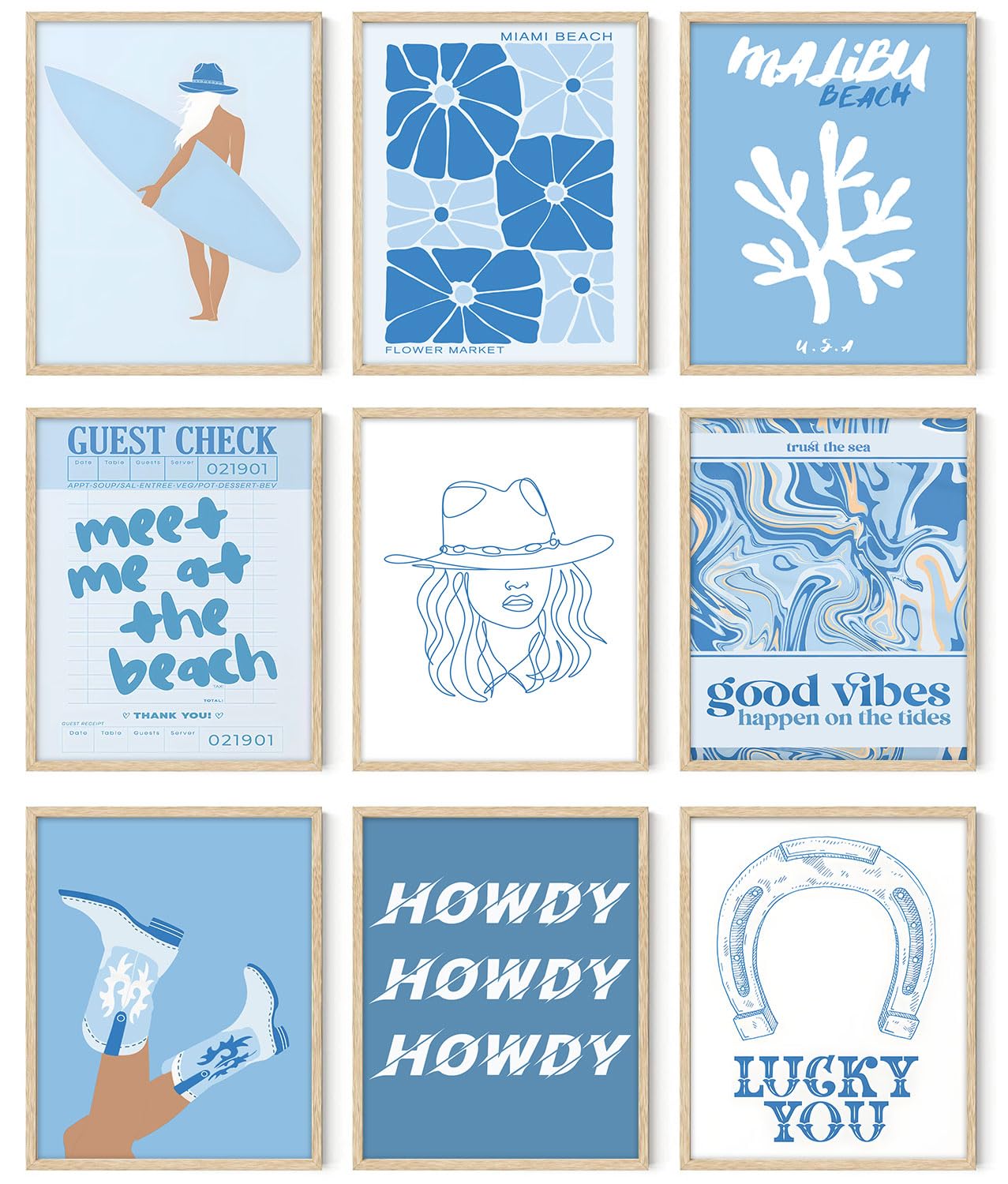 9Pcs Coastal Cowgirl Wall Art, Surfer Girl Canvas Posters Blue Beachy Cowgirl Room Decor Preppy Aesthetic Pictures Prints For Te