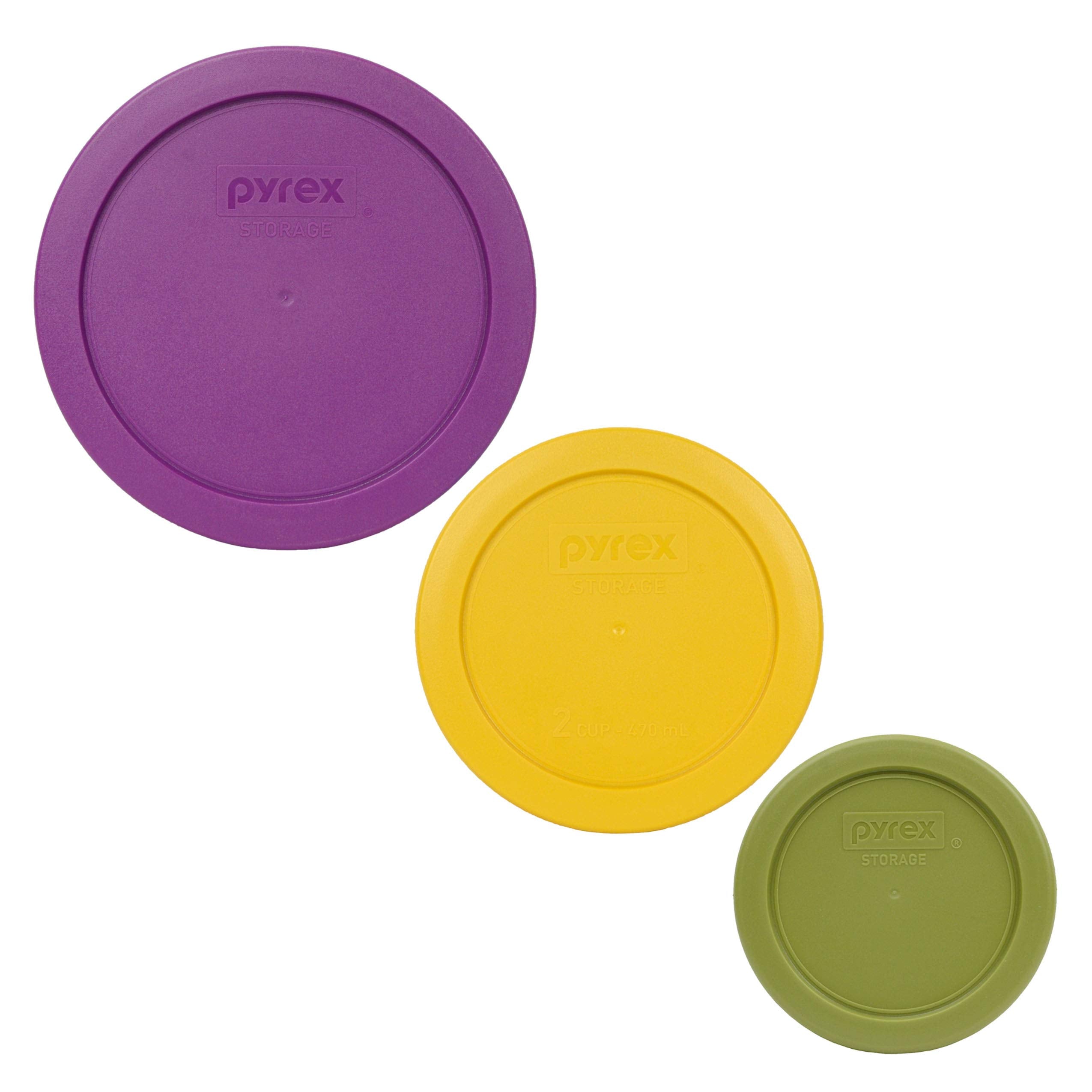 Pyrex (1) 7202-Pc 1-Cup Olive Green, (1) 7201-Pc 4-Cup Thistle Purple, & (1) 7200-Pc 2-Cup Butter Yellow Plastic Replacement Lid