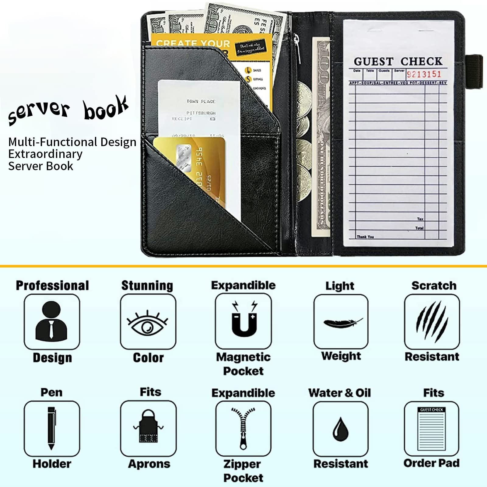 RAUEDWDJS Server Book for Waitress - PU Leather, Cherry Blossom, Model RAU-CDB-E89, Cute Zipper Pocket, Guest Check Holder